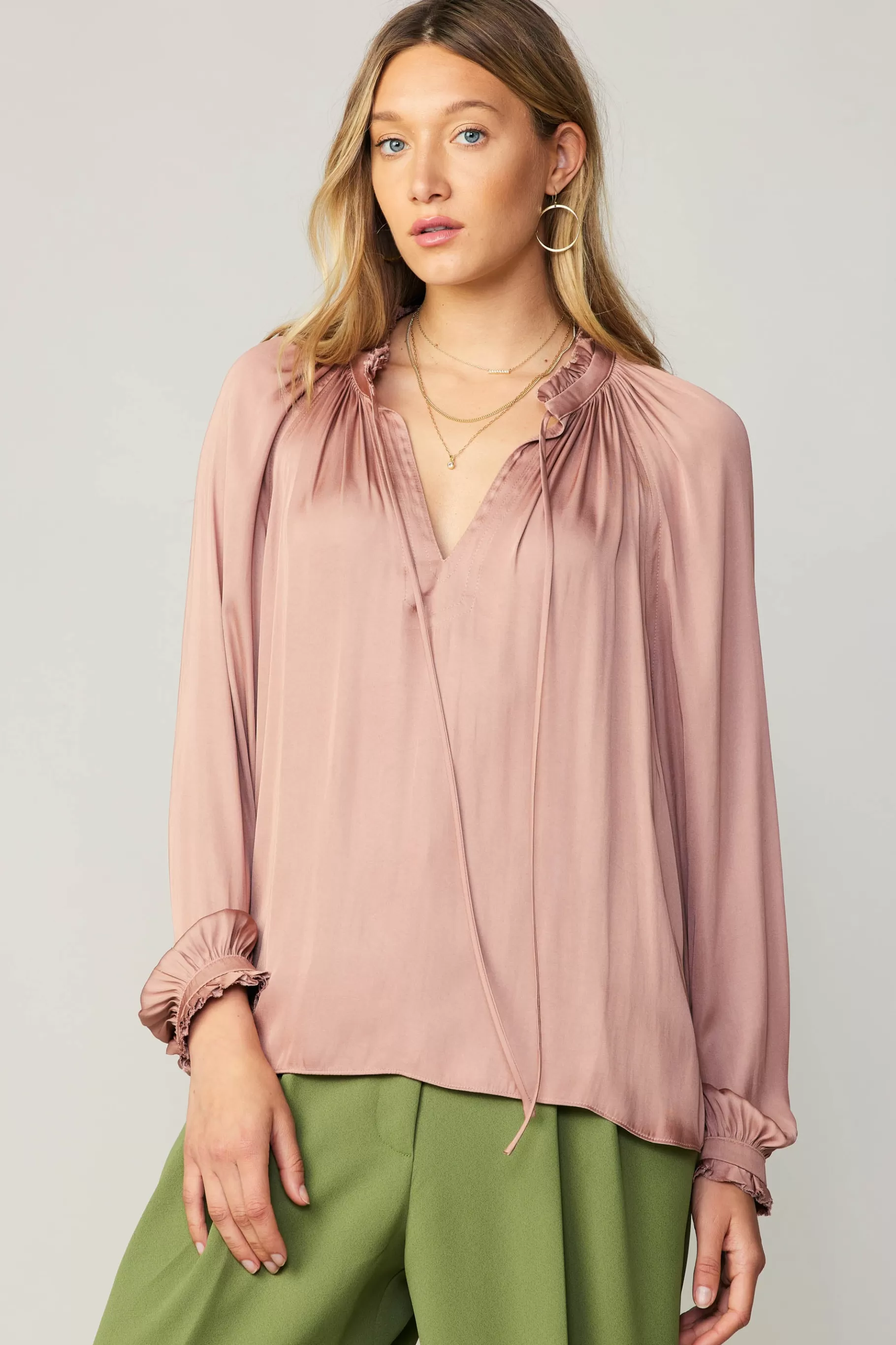 Current Air Long Sleeve Tops>Ruffled Cuff Blouse MAUVE