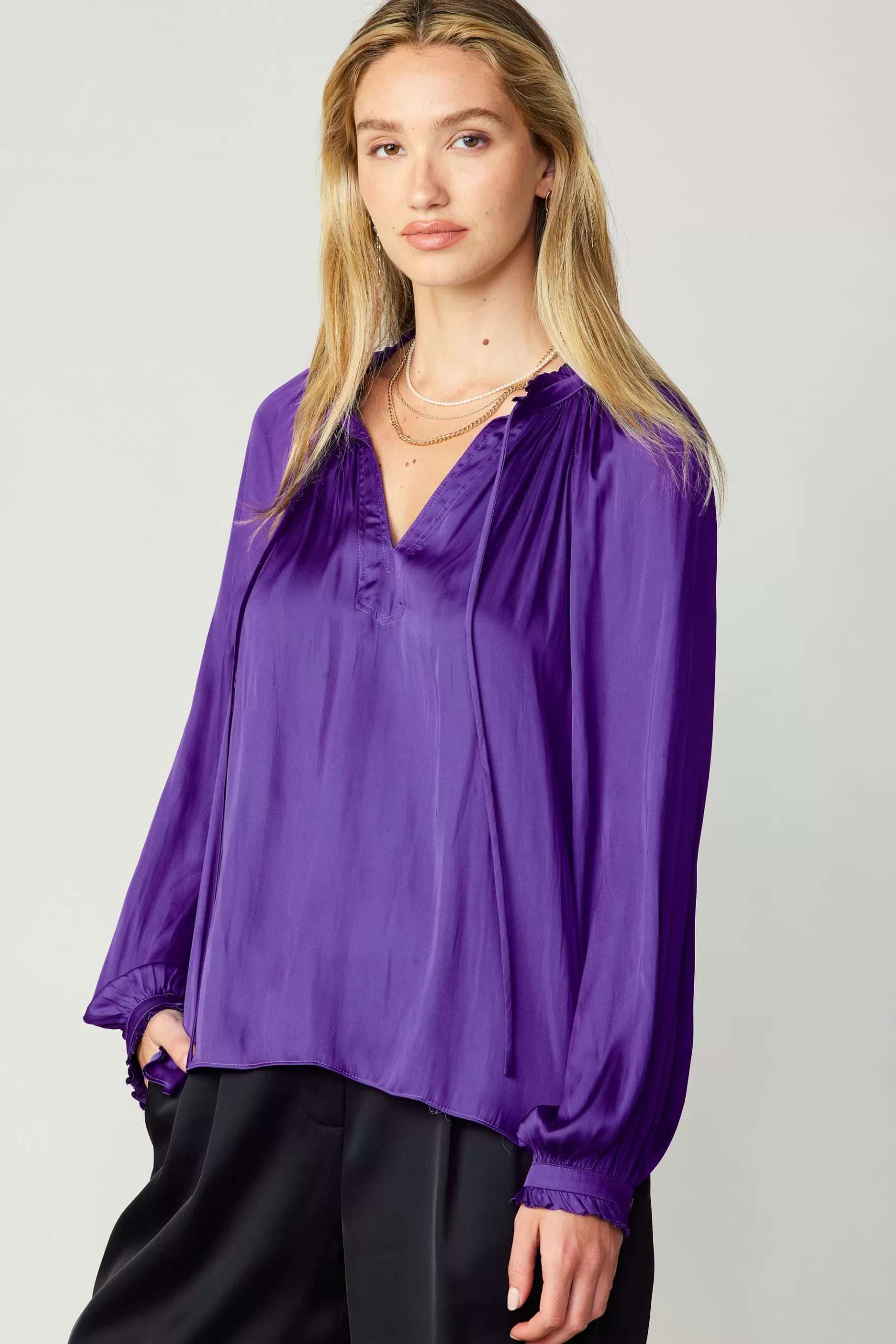 Current Air Long Sleeve Tops>Ruffled Cuff Blouse SPACEPURPLE