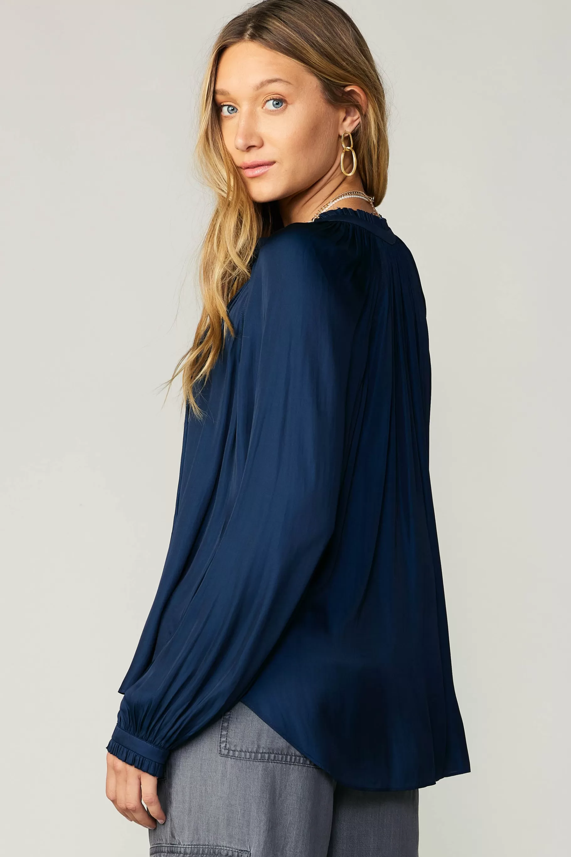 Current Air Long Sleeve Tops>Ruffled Cuff Blouse NAVY