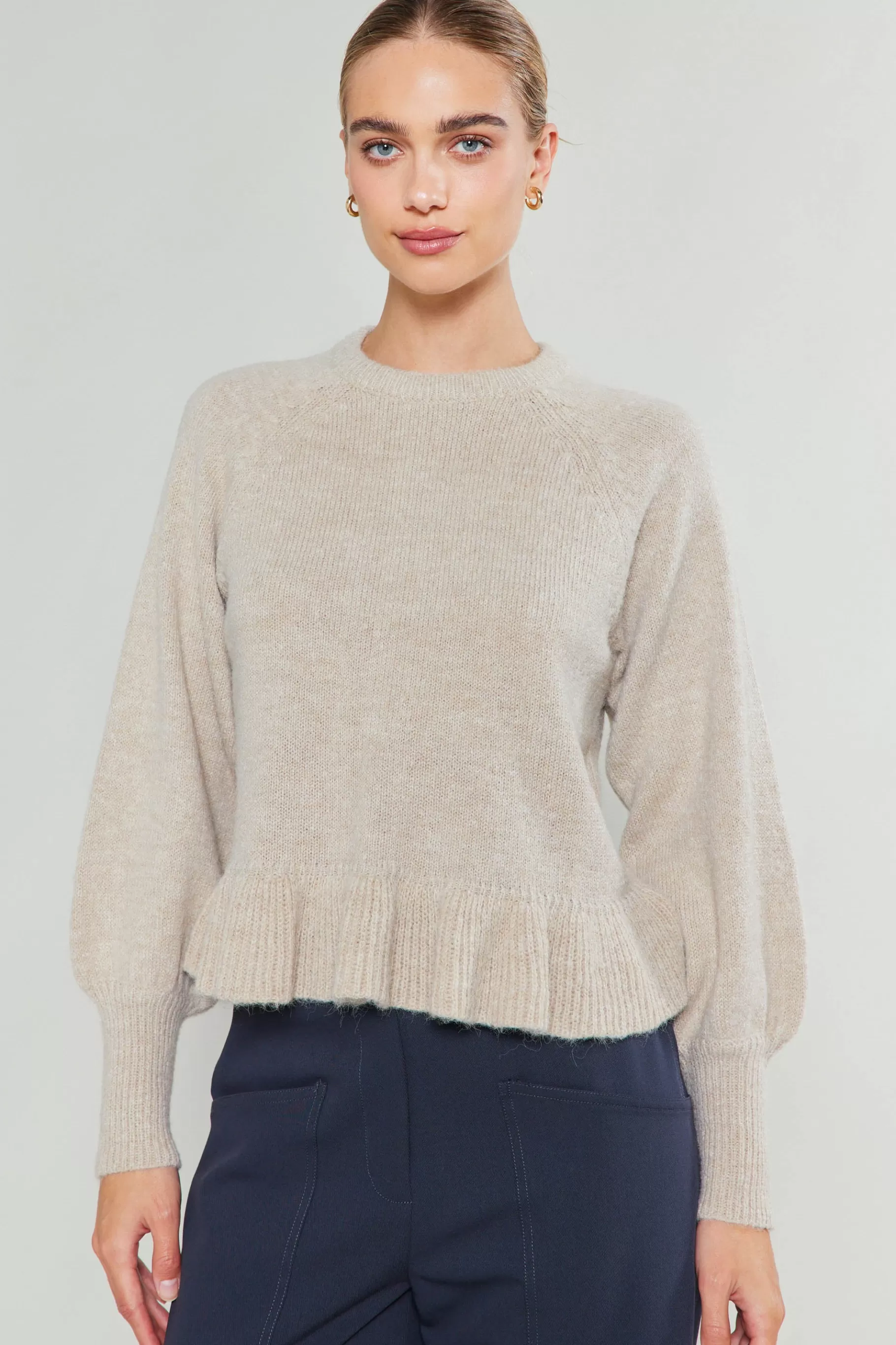 Current Air Knitwear | Sweaters>Ruffled Hem Sweater OATMEAL