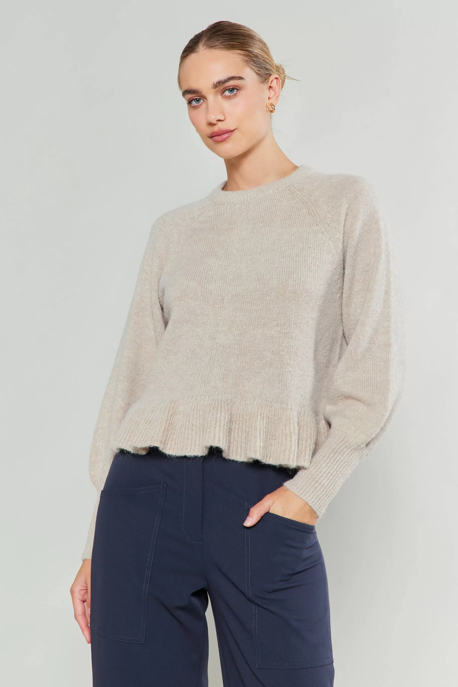 Current Air Knitwear | Sweaters>Ruffled Hem Sweater OATMEAL