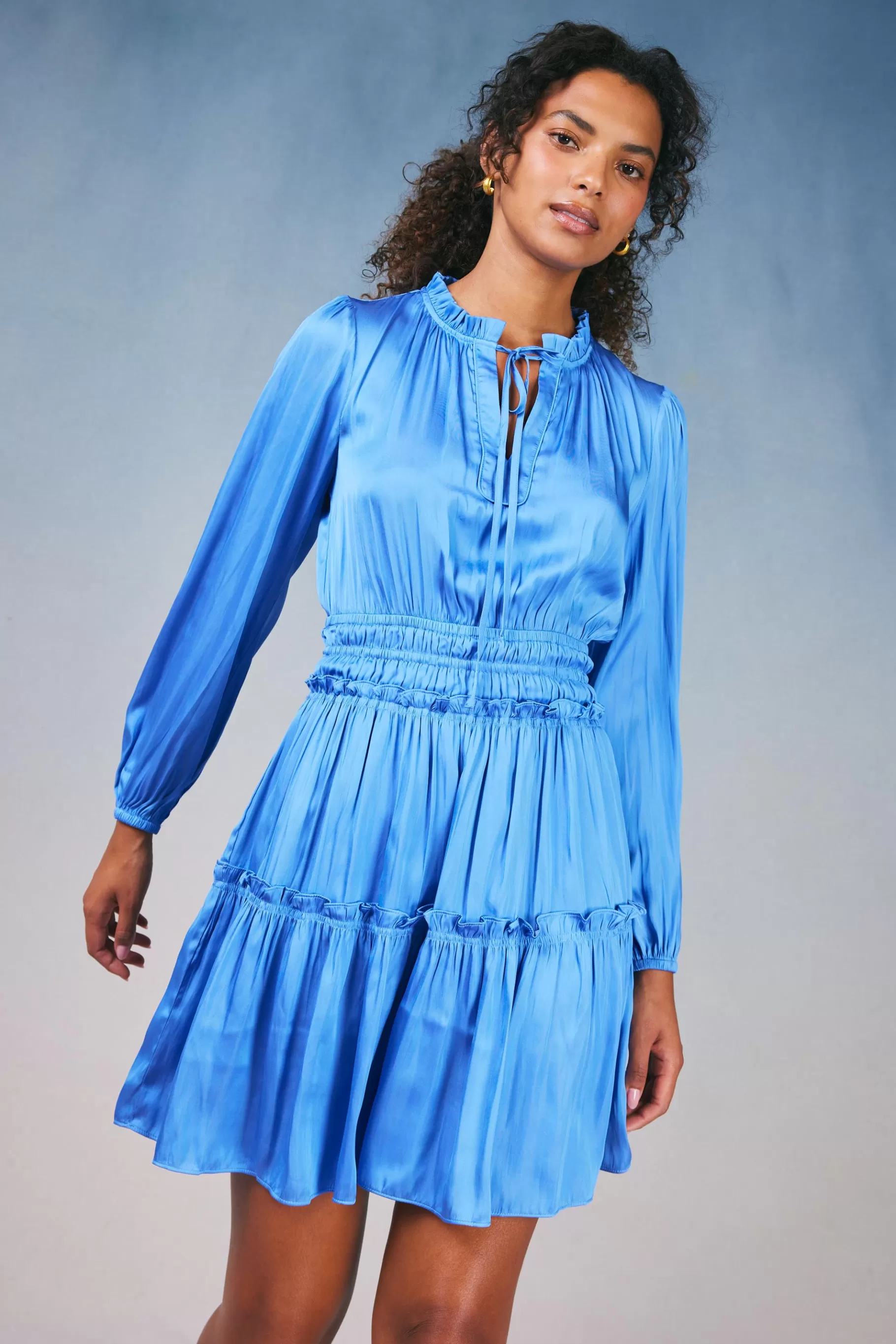 Current Air Mini Dresses>Ruffled Neck Mini Dress AZUREBLUE