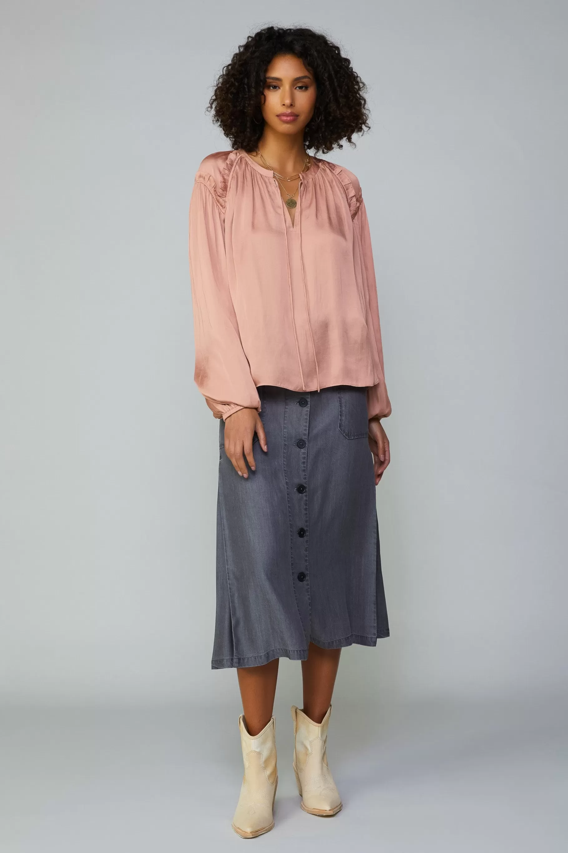 Current Air Long Sleeve Tops>Ruffled Shoulder Blouse DUSTYBLUSH