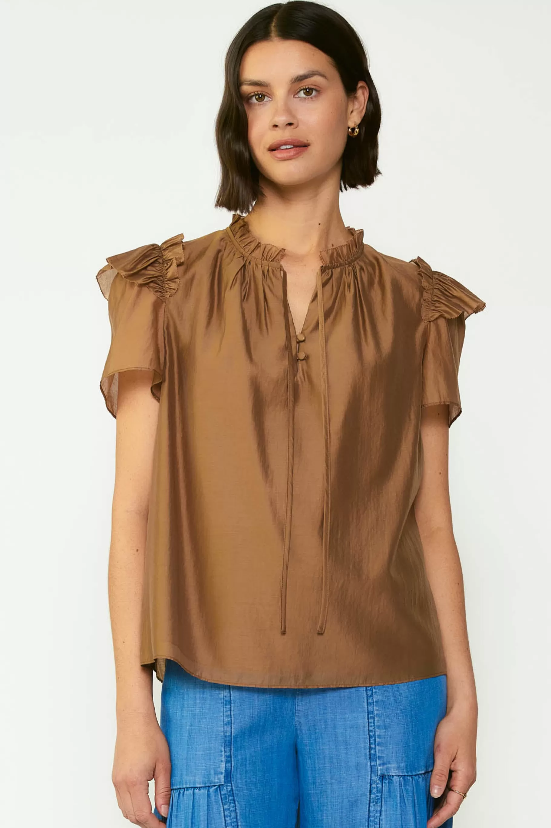 Current Air Short Sleeve Tops>Ruffled Shoulder Blouse BROWN