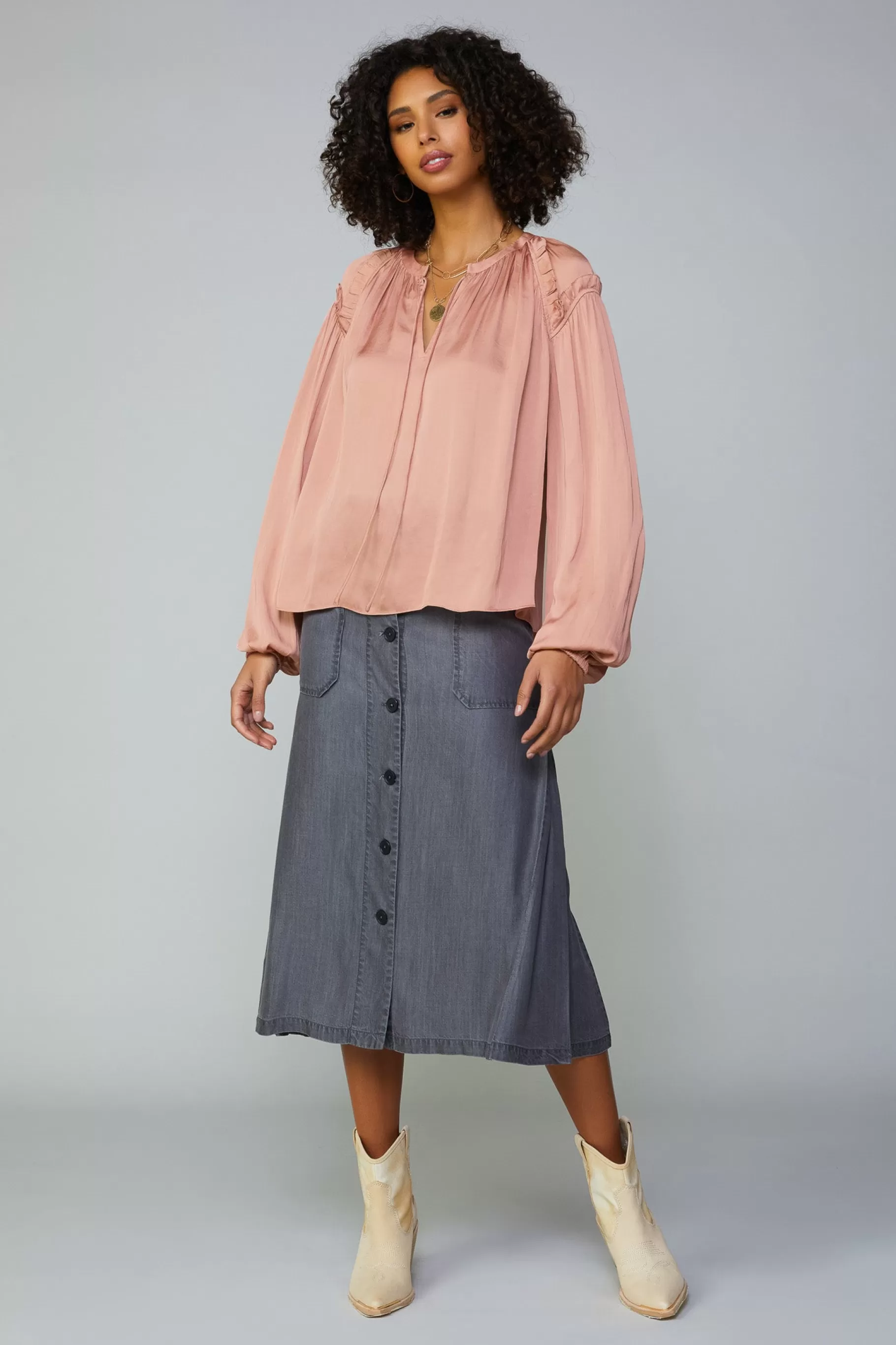 Current Air Long Sleeve Tops>Ruffled Shoulder Blouse DUSTYBLUSH