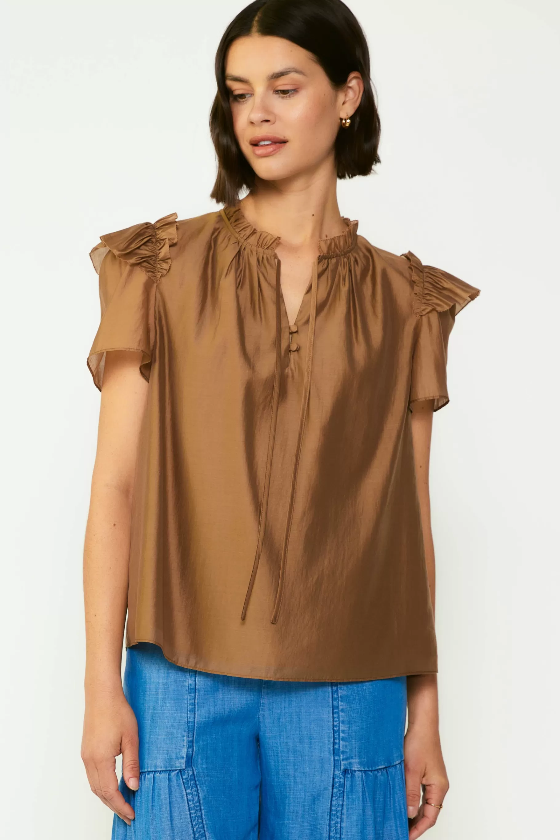 Current Air Short Sleeve Tops>Ruffled Shoulder Blouse BROWN