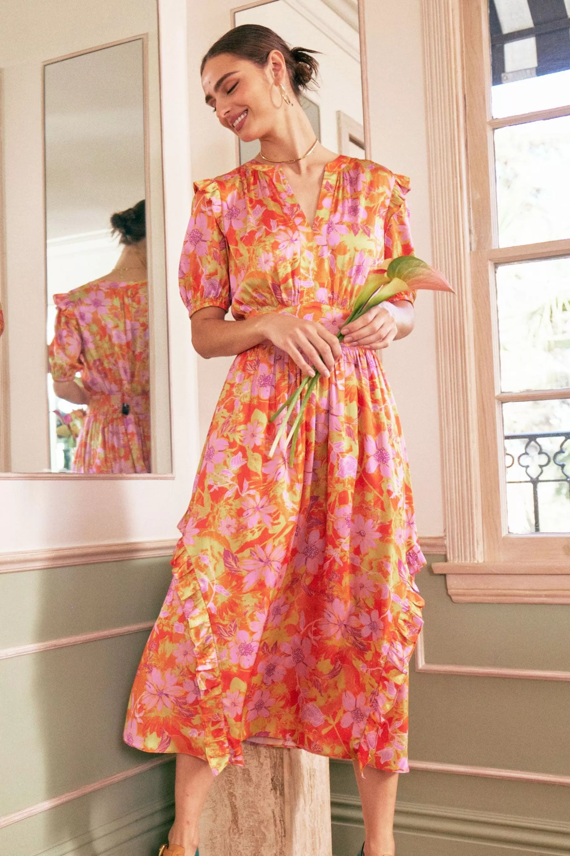 Current Air Midi Dresses>Ruffled Shoulder Floral Midi Dress ORANGEPINK