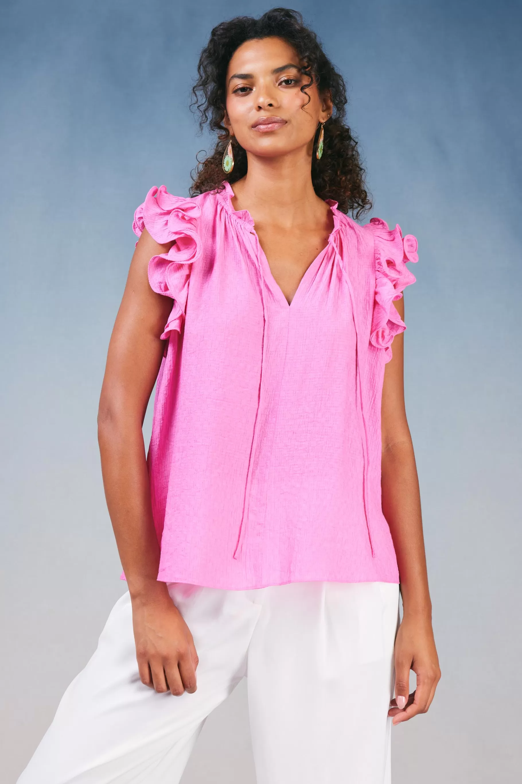 Current Air Sleeveless Tops>Ruffled Shoulder Sleeveless Blouse AZALEA