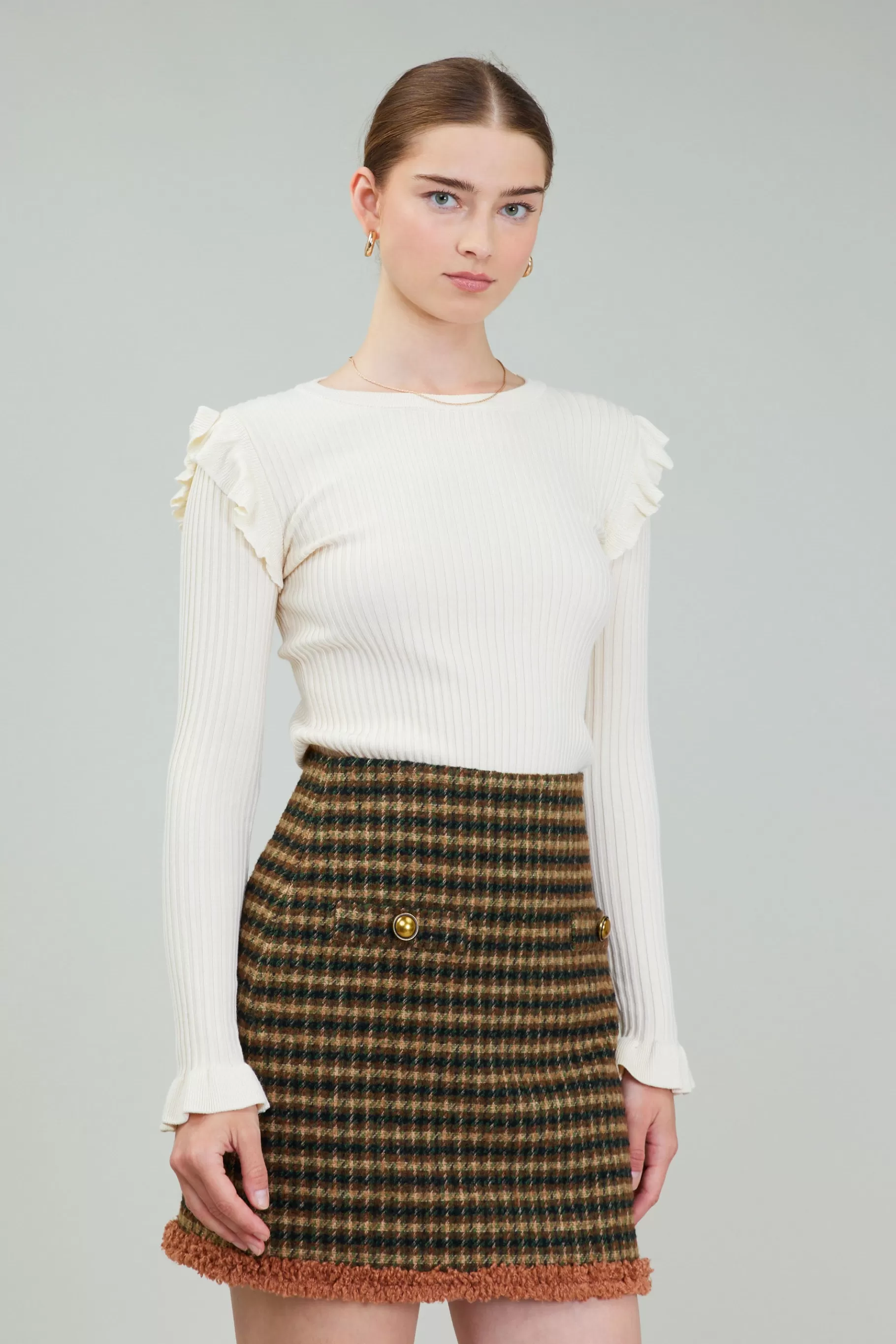 Current Air Knitwear | Long Sleeve Tops>Ruffled Shoulder Top CREAM