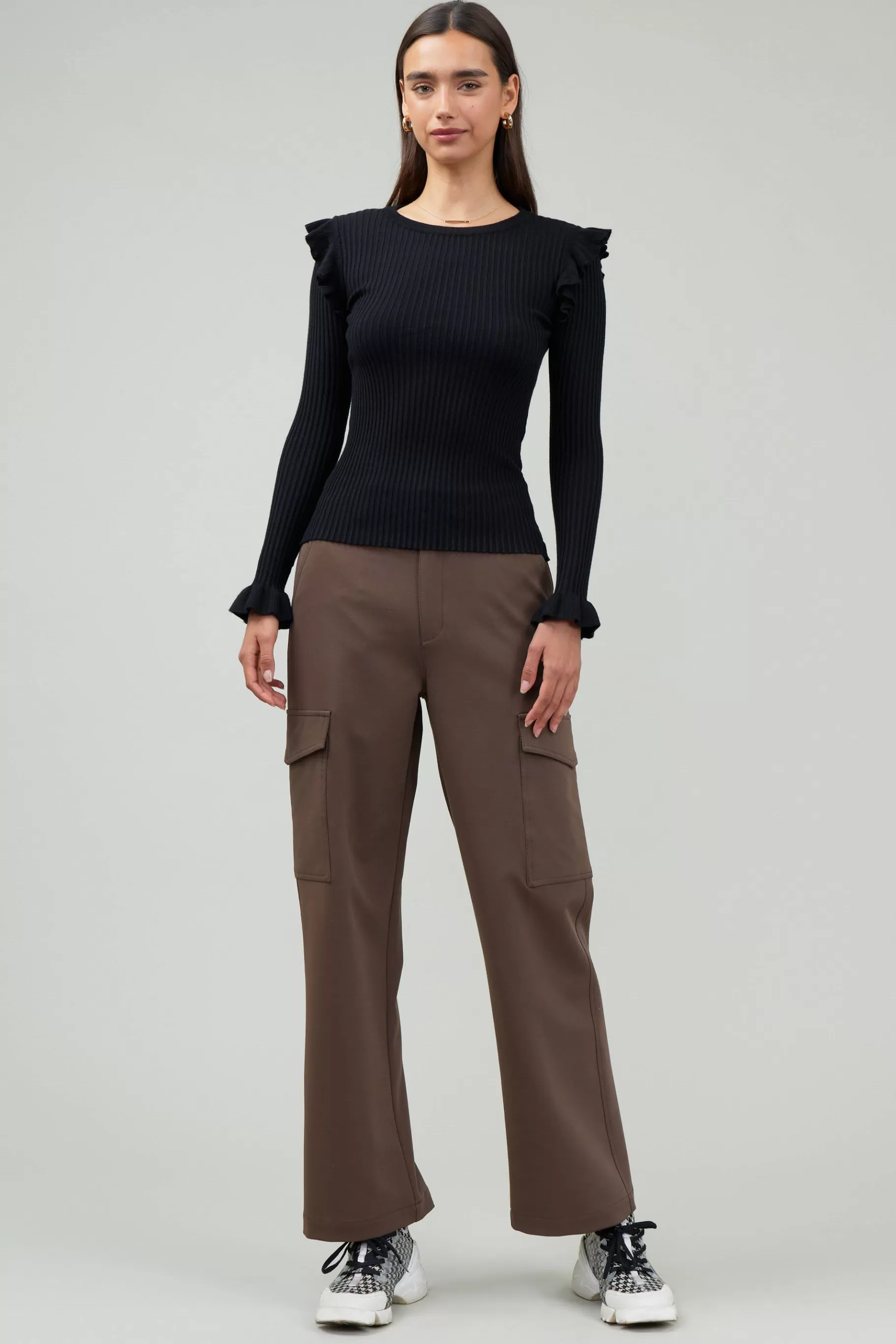 Current Air Knitwear | Long Sleeve Tops>Ruffled Shoulder Top BLACK