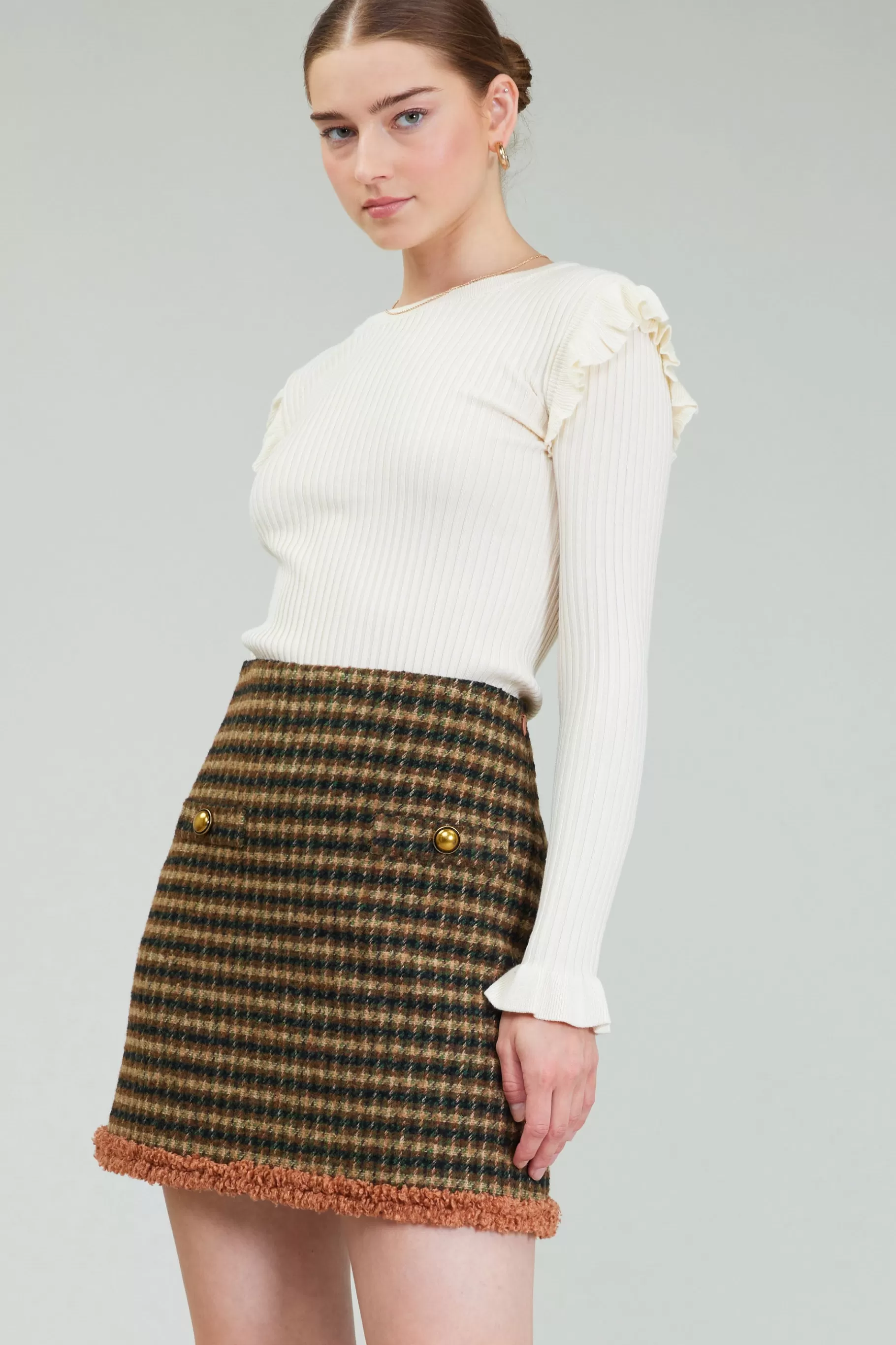 Current Air Knitwear | Long Sleeve Tops>Ruffled Shoulder Top CREAM