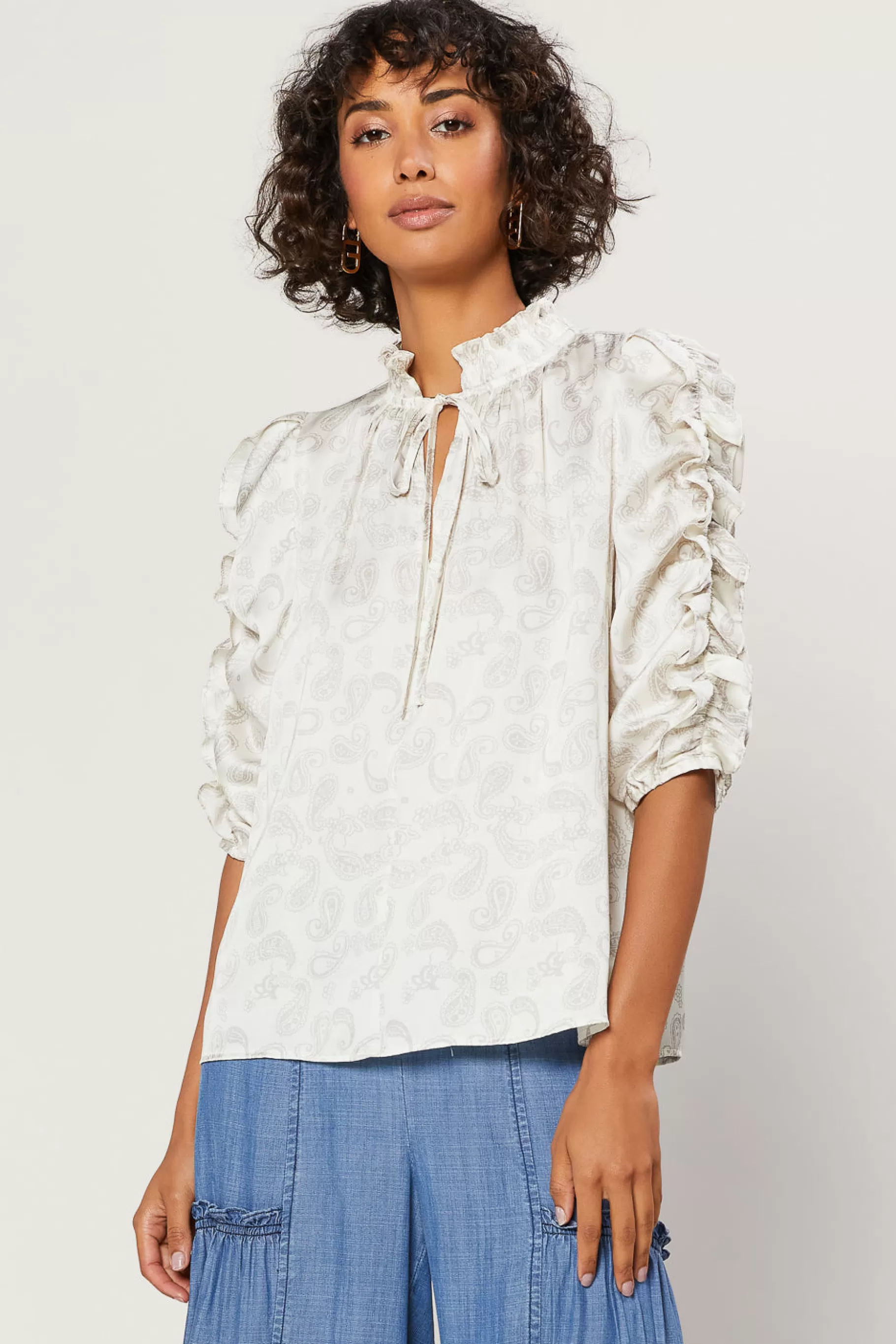 Current Air Long Sleeve Tops>Ruffled Sleeve Jacquard Top IVORY