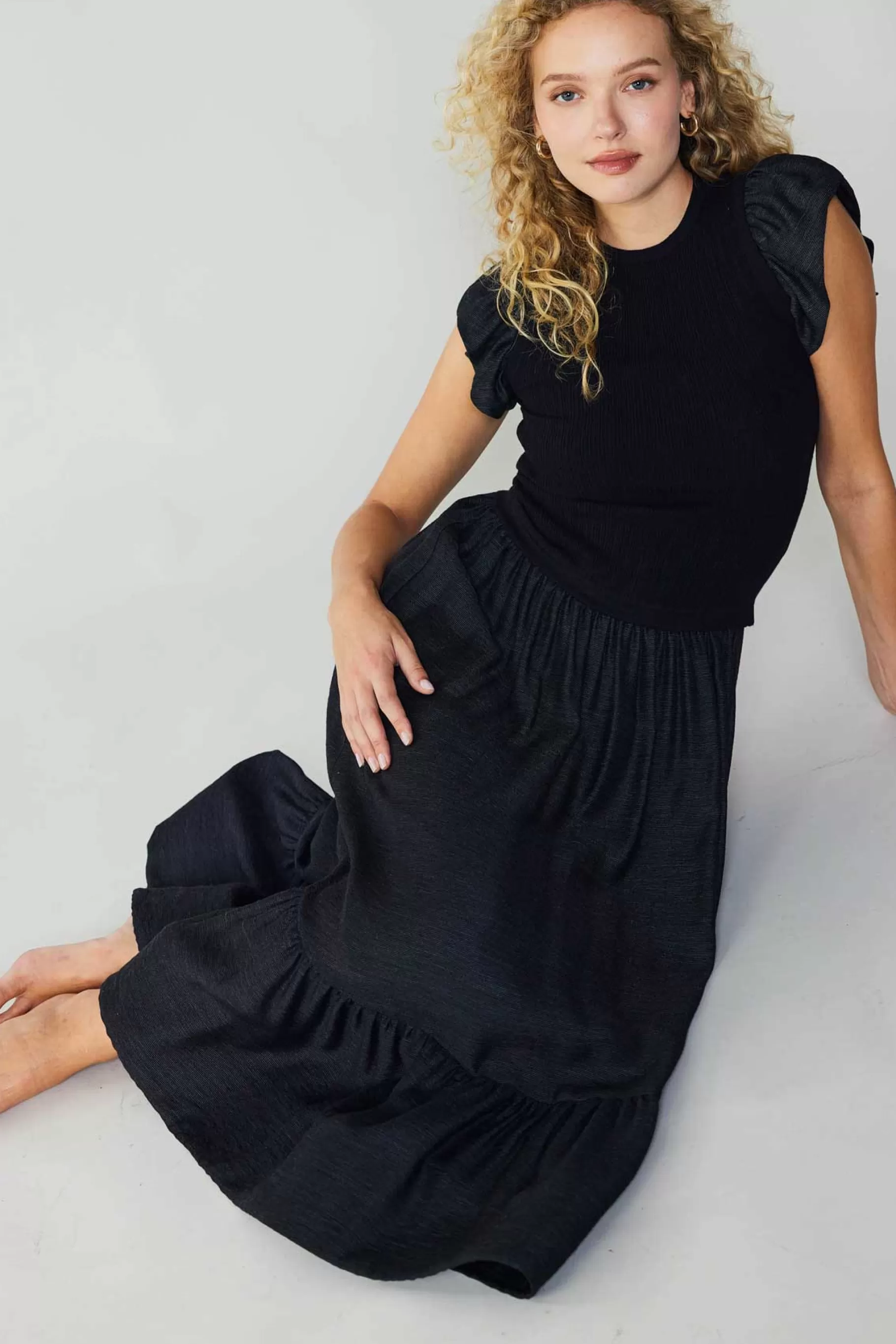 Current Air Midi Dresses>Ruffled Sleeve Sweater Dress BLACK