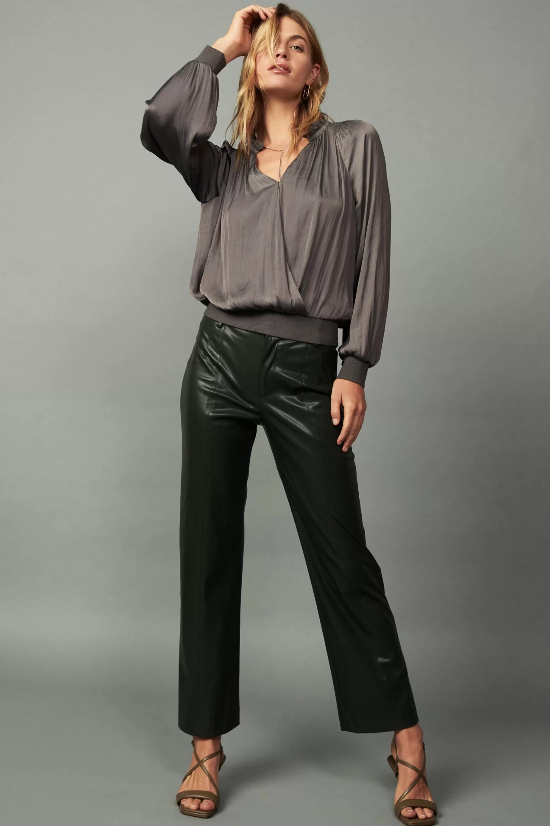 Current Air Long Sleeve Tops>Ruffled Surplice Blouse TAUPEGREY
