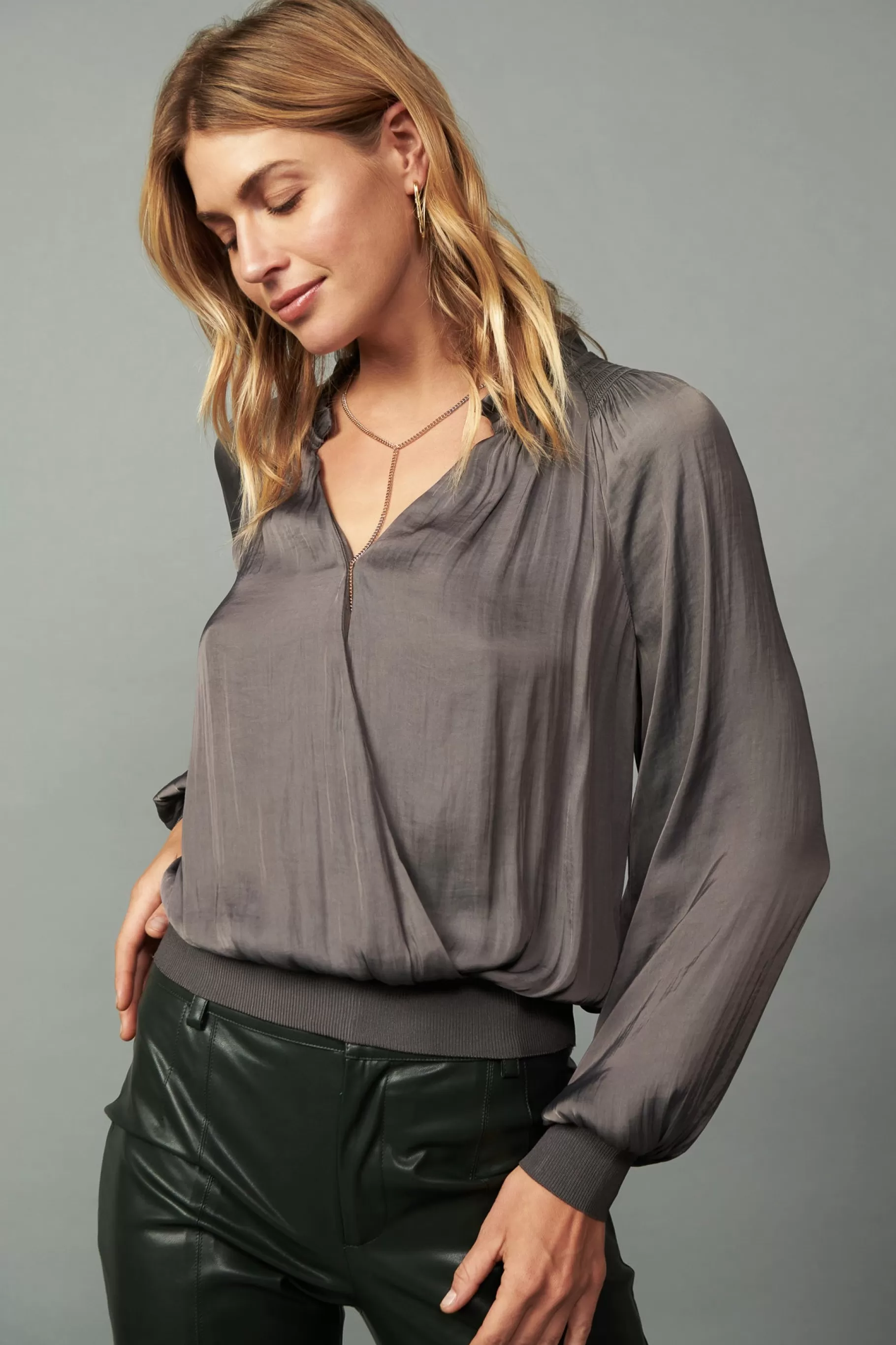 Current Air Long Sleeve Tops>Ruffled Surplice Blouse TAUPEGREY