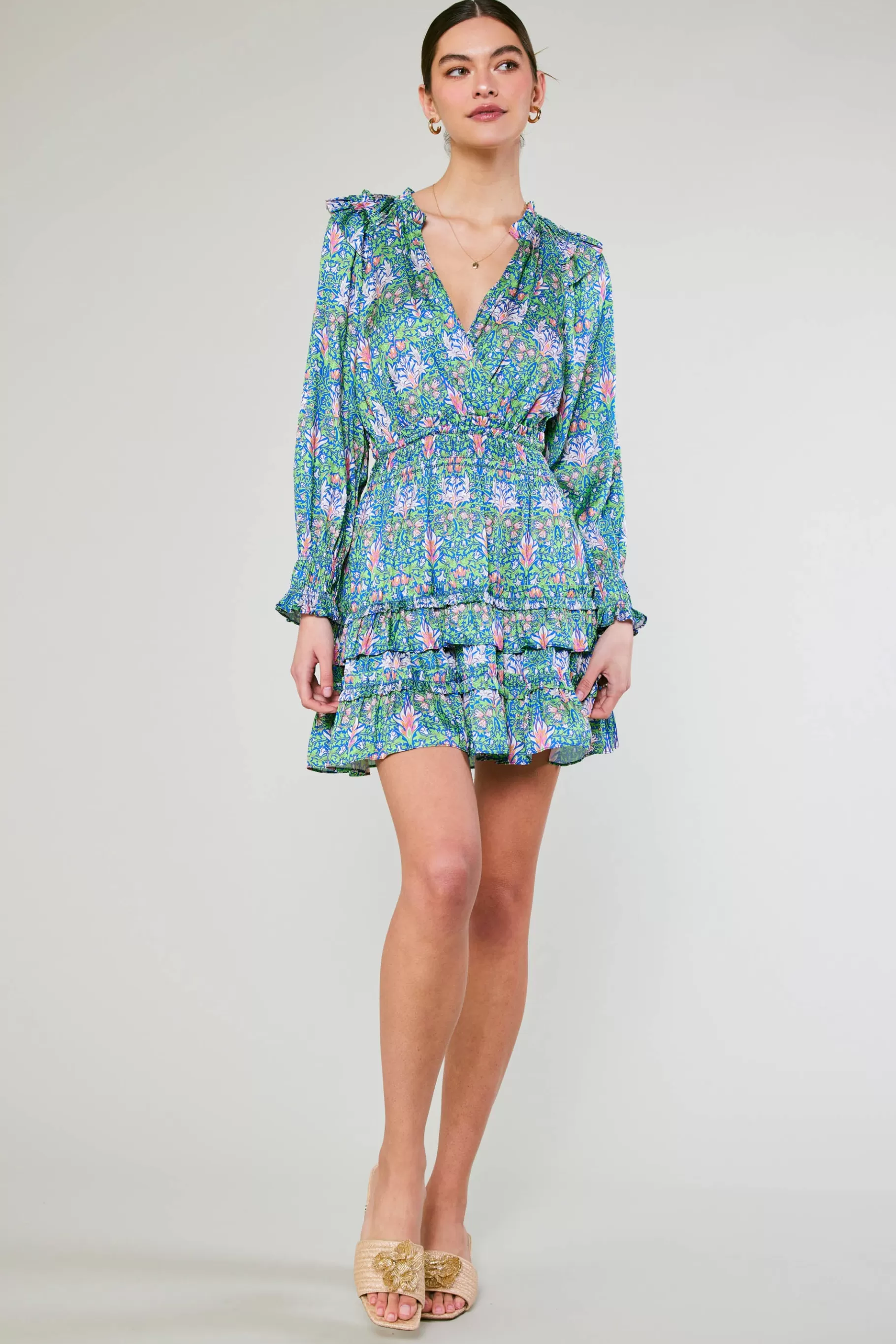 Current Air Mini Dresses>Ruffled Surplice Floral Mini Dress GREEN