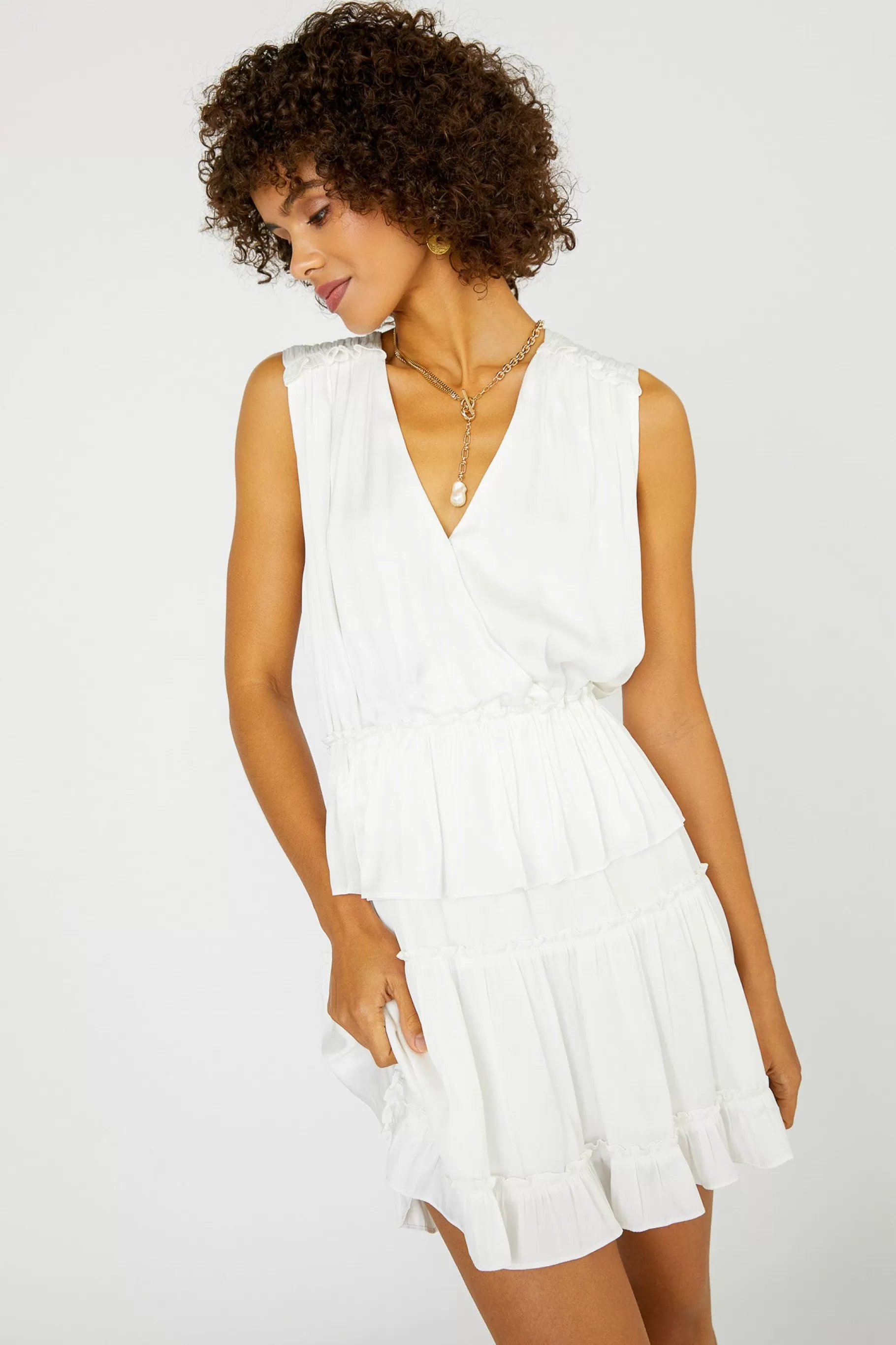 Current Air Mini Dresses>Ruffled Surplice Mini Dress WHITE