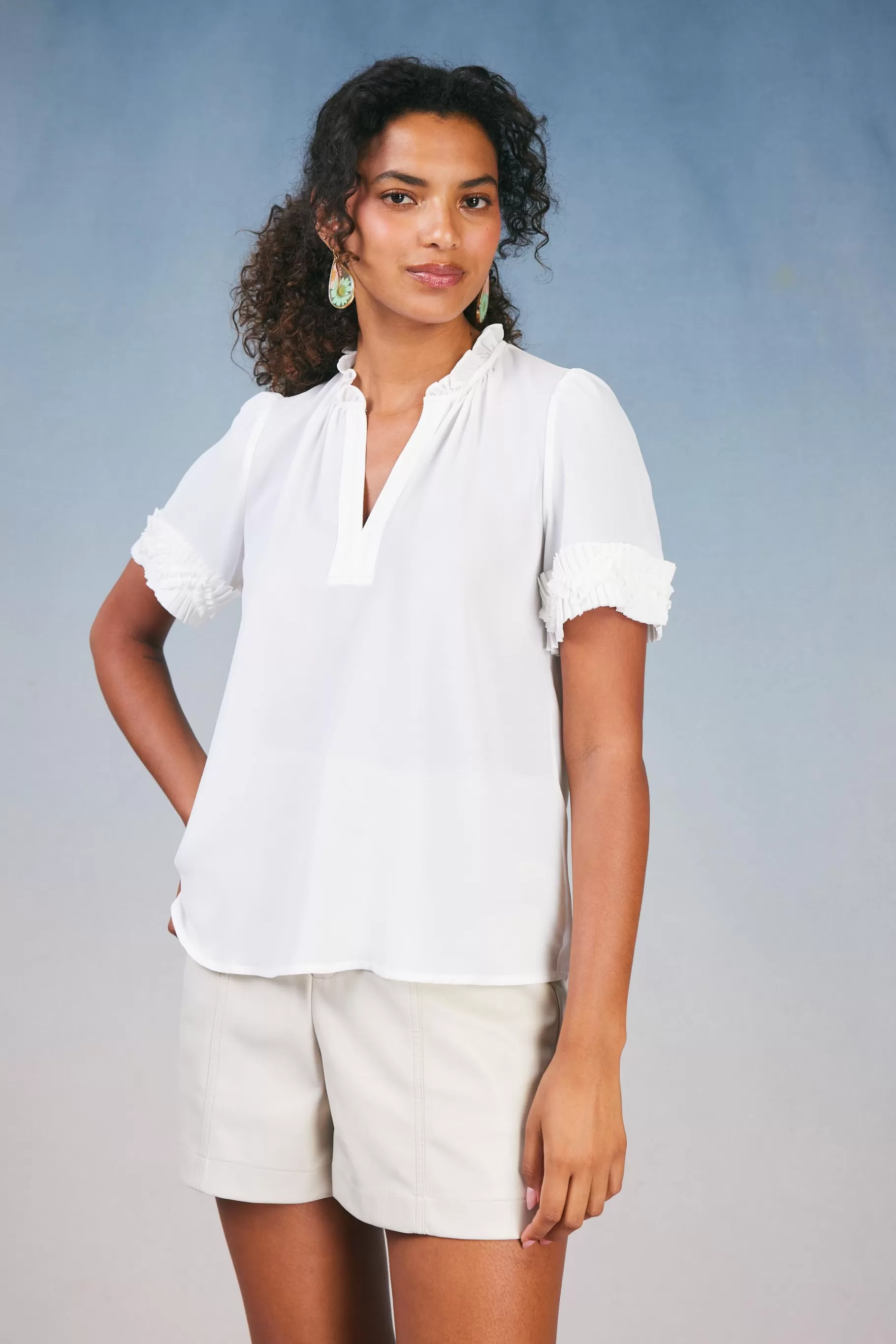 Current Air Short Sleeve Tops>Ruffled Trim Blouse WHITE