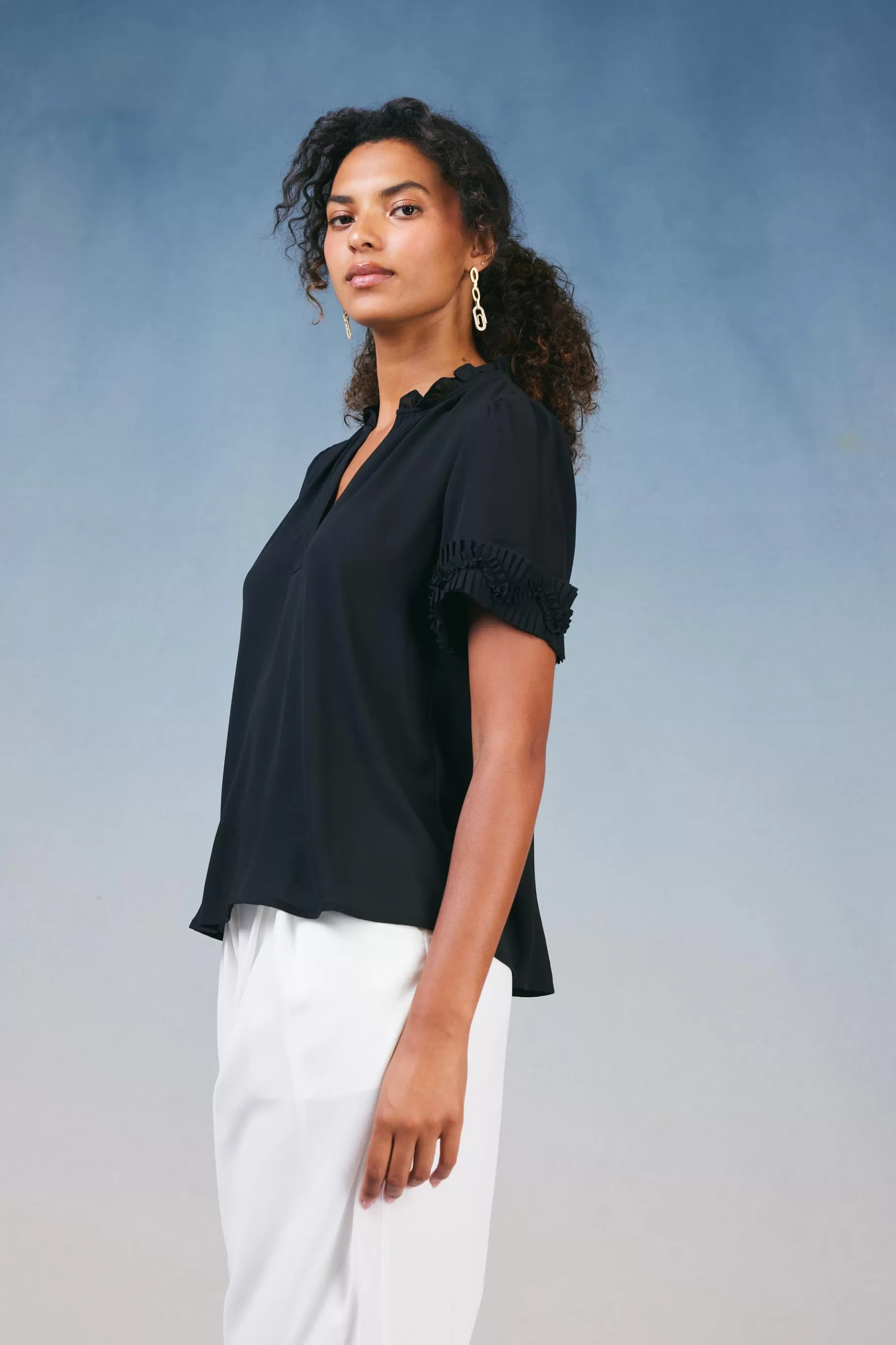 Current Air Short Sleeve Tops>Ruffled Trim Blouse BLACK