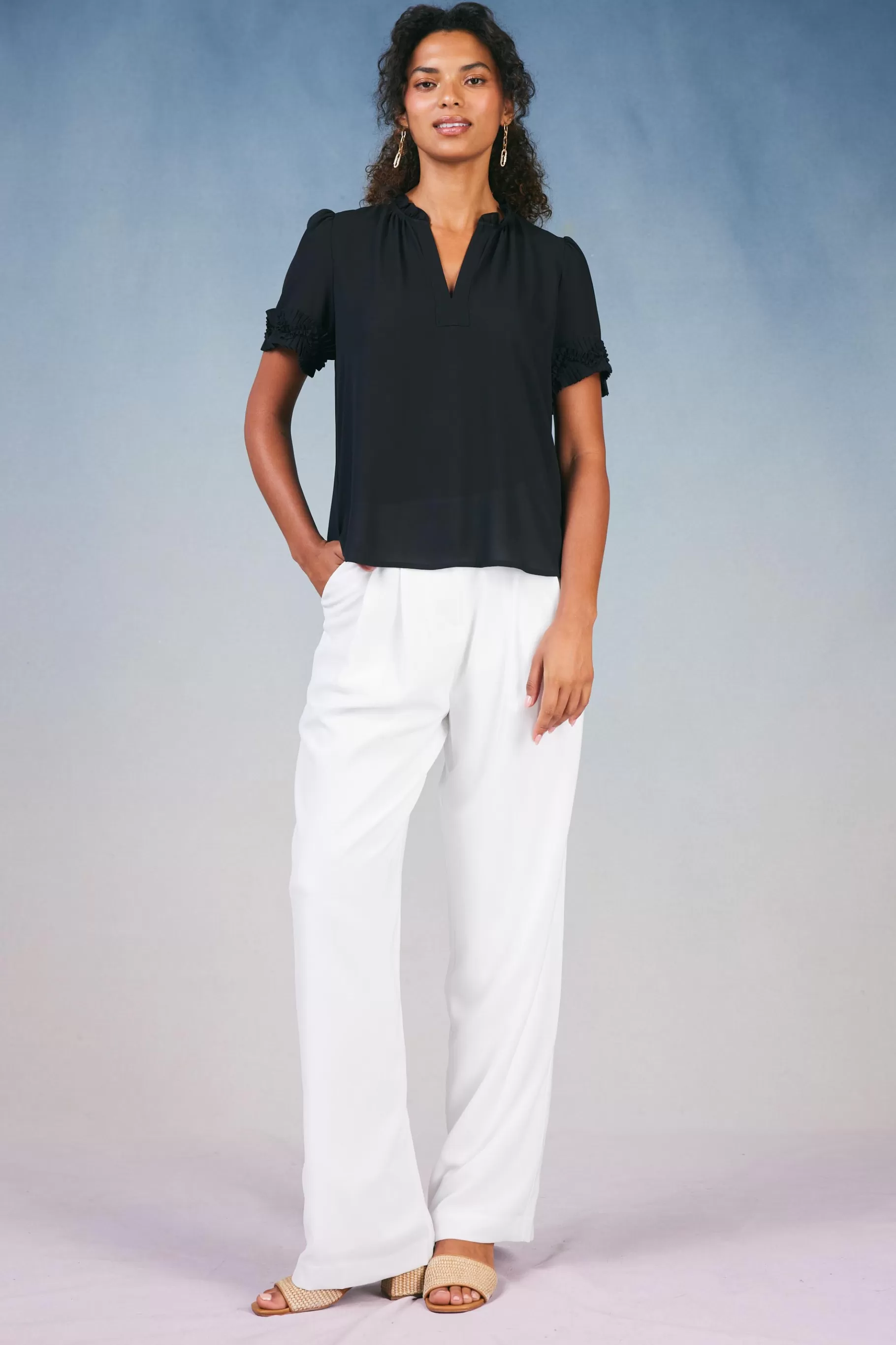 Current Air Short Sleeve Tops>Ruffled Trim Blouse BLACK