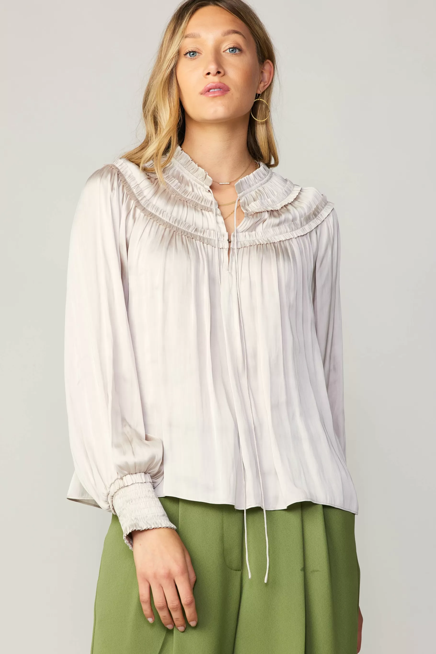 Current Air Long Sleeve Tops>Ruffled Yoke Blouse ECRU