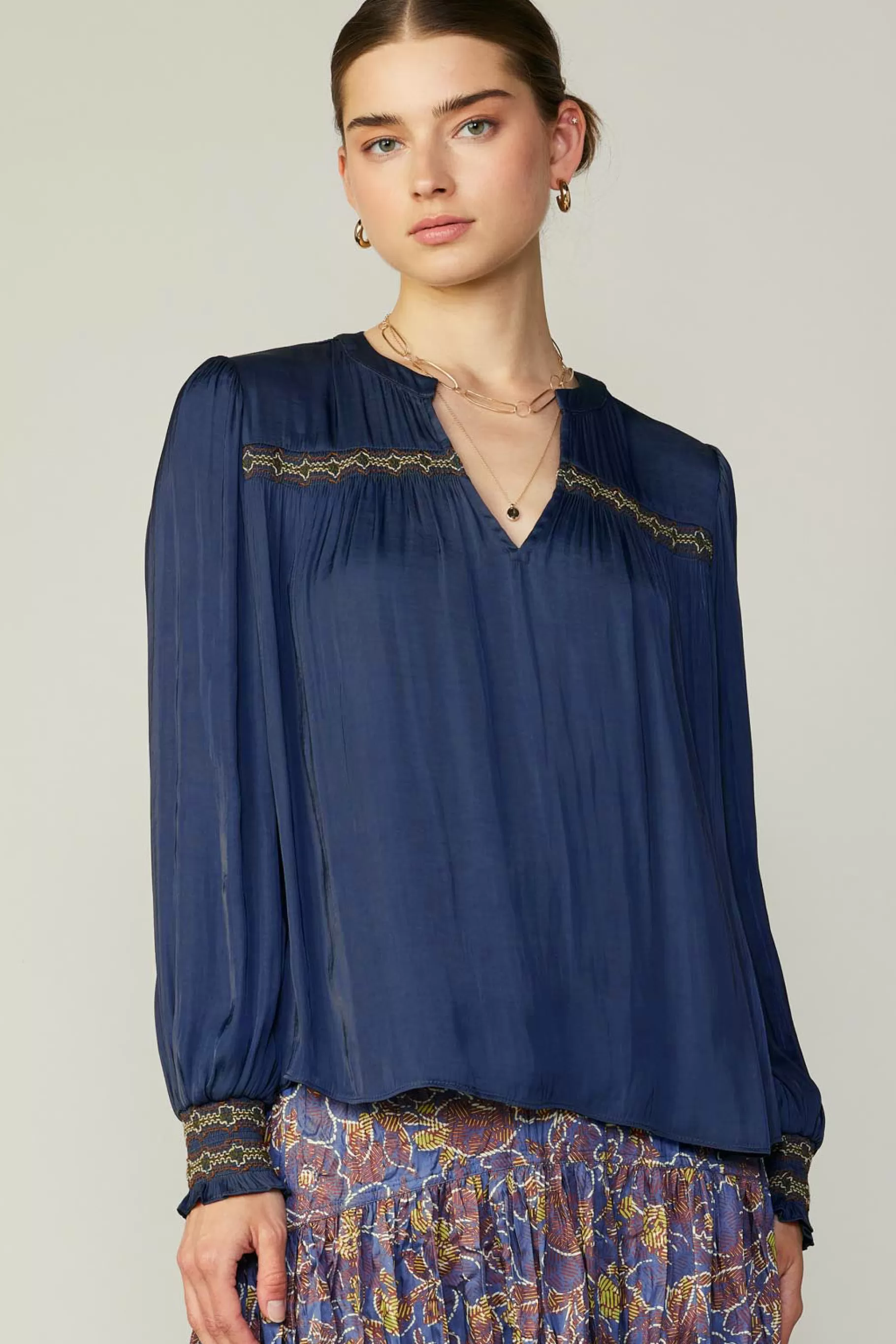 Current Air Long Sleeve Tops>Santa Fe Embroidered Blouse NAVY