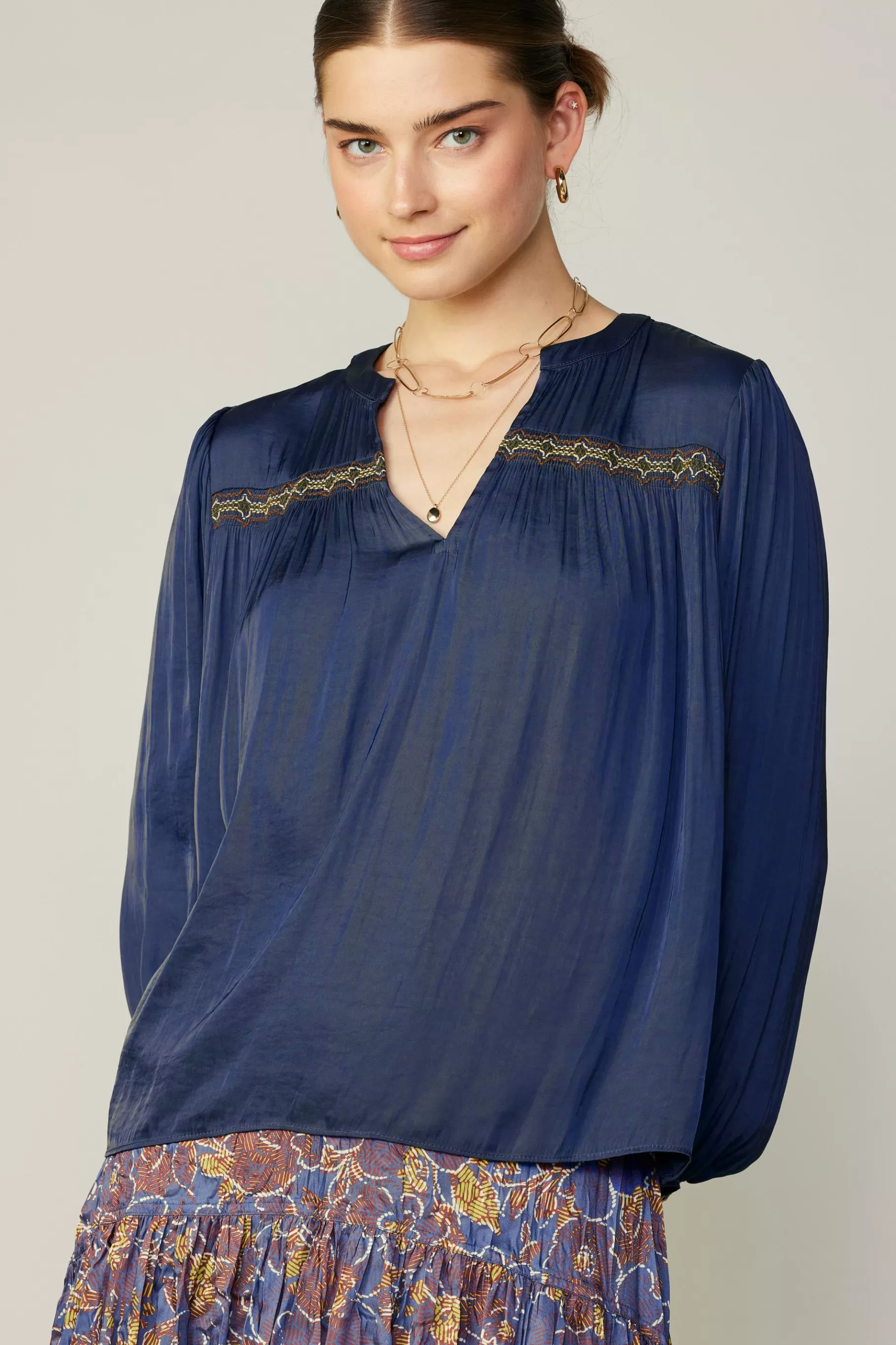 Current Air Long Sleeve Tops>Santa Fe Embroidered Blouse NAVY
