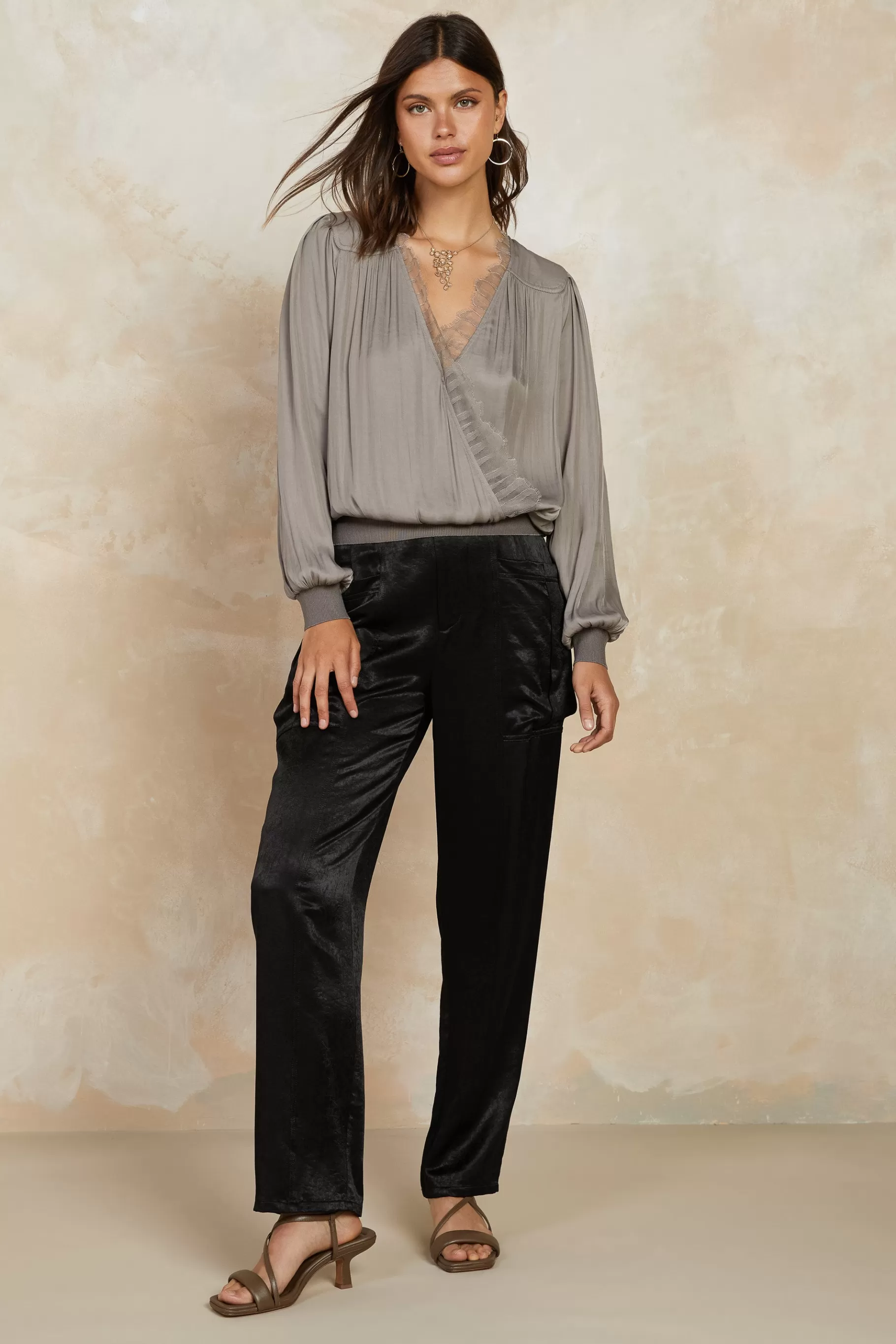 Current Air Pants>Satin Straight Leg Pants BLACK