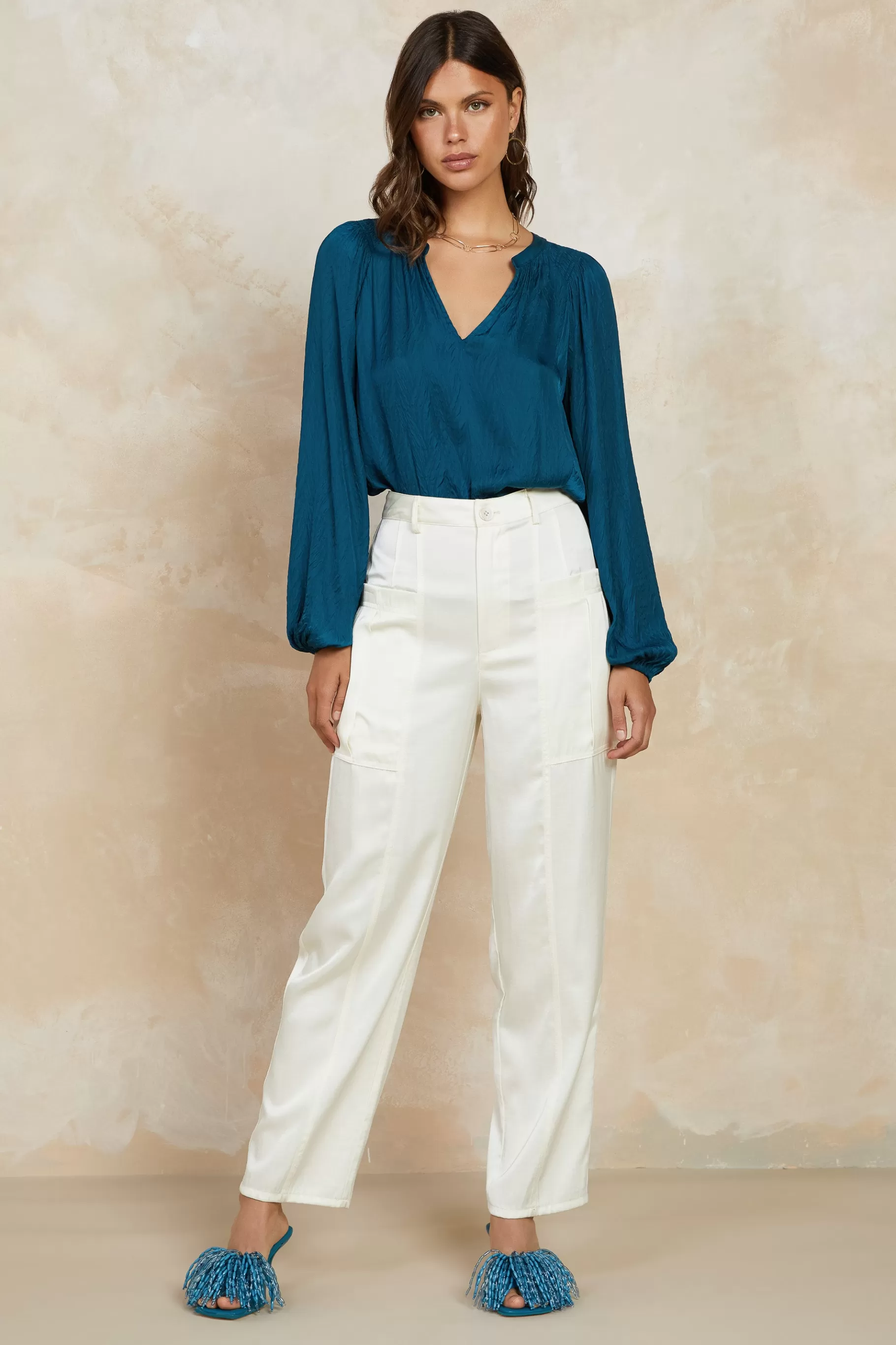 Current Air Pants>Satin Straight Leg Pants IVORY
