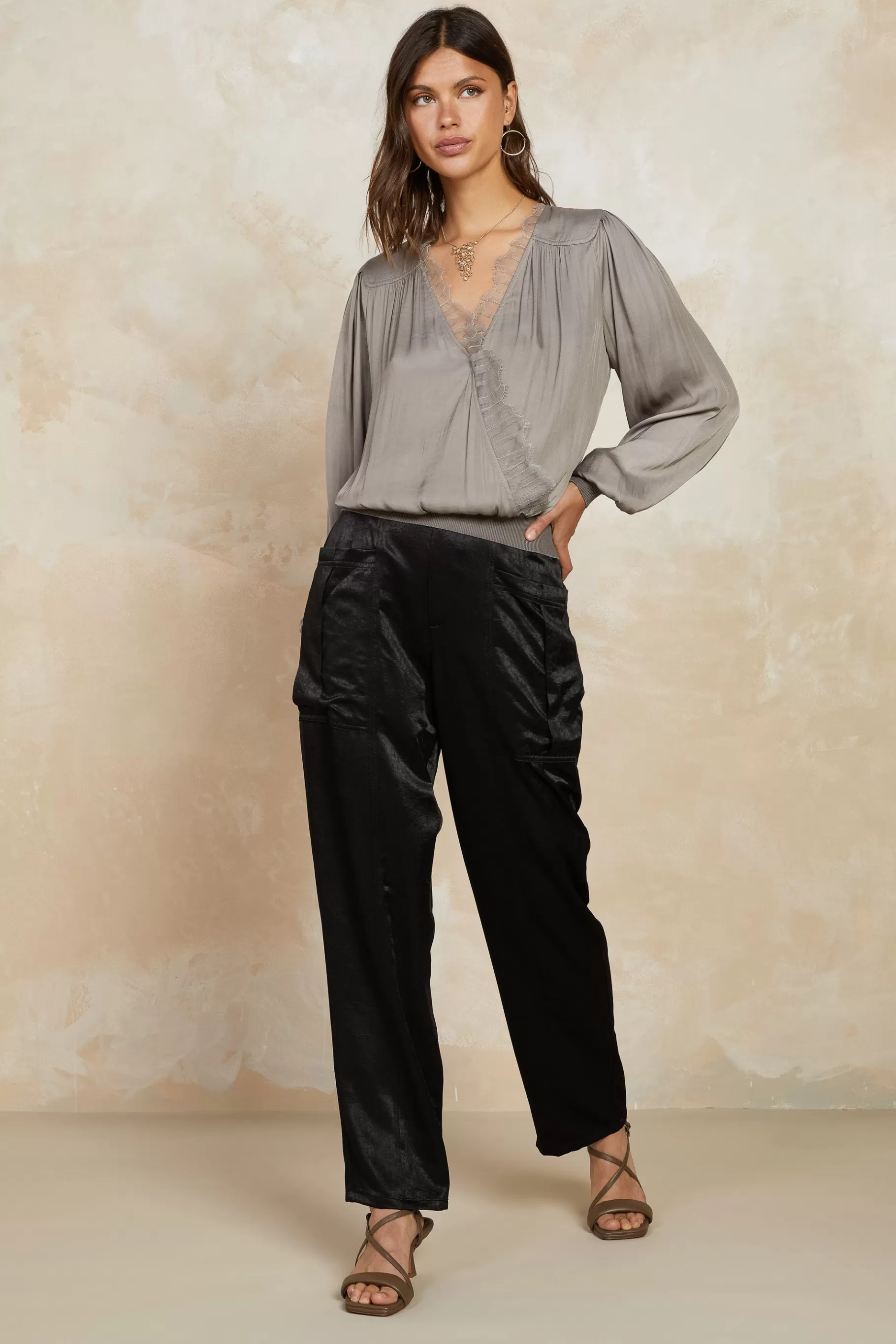 Current Air Pants>Satin Straight Leg Pants BLACK