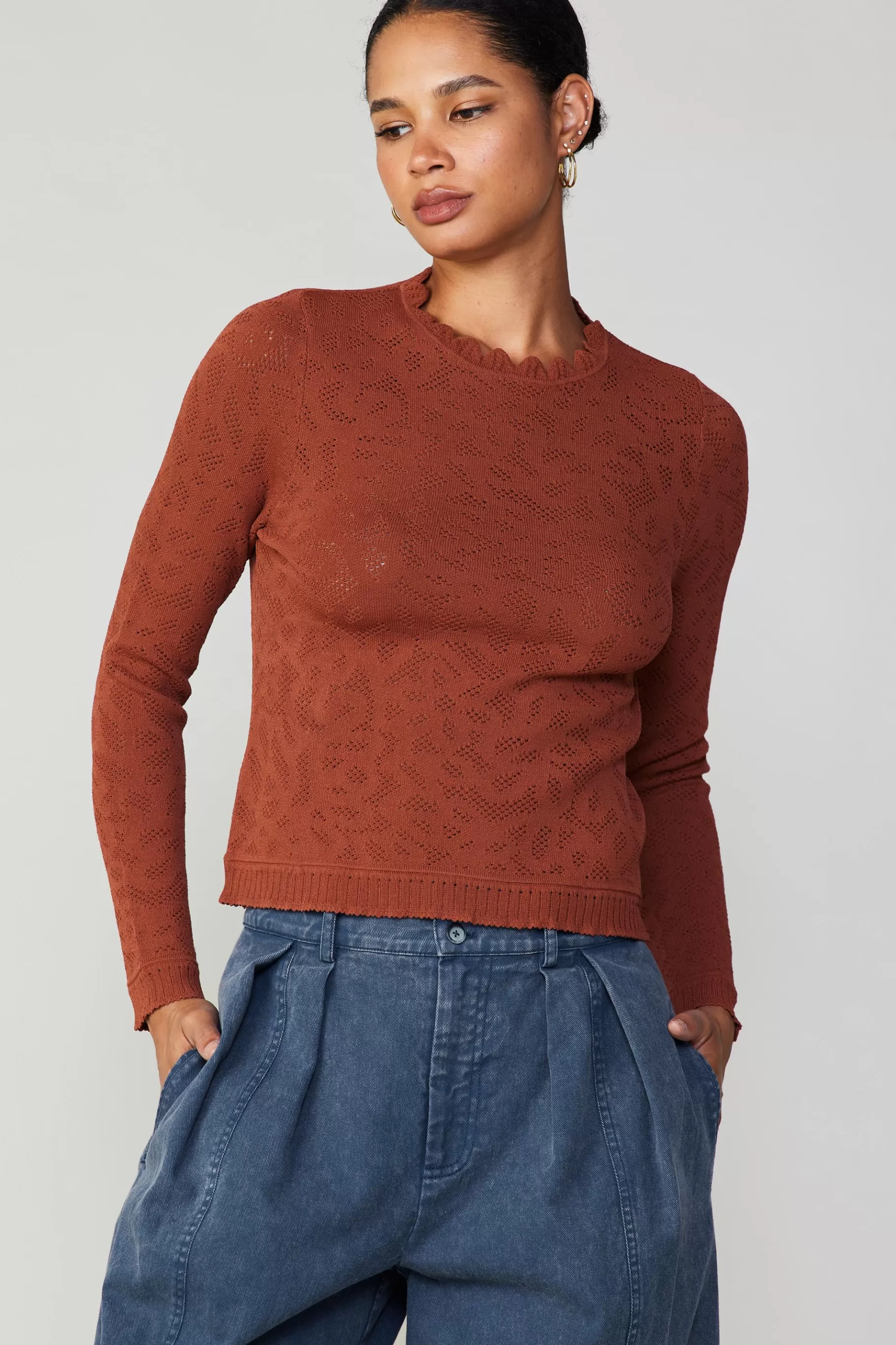Current Air Long Sleeve Tops | Sweaters>Scalloped Knit Top RUST