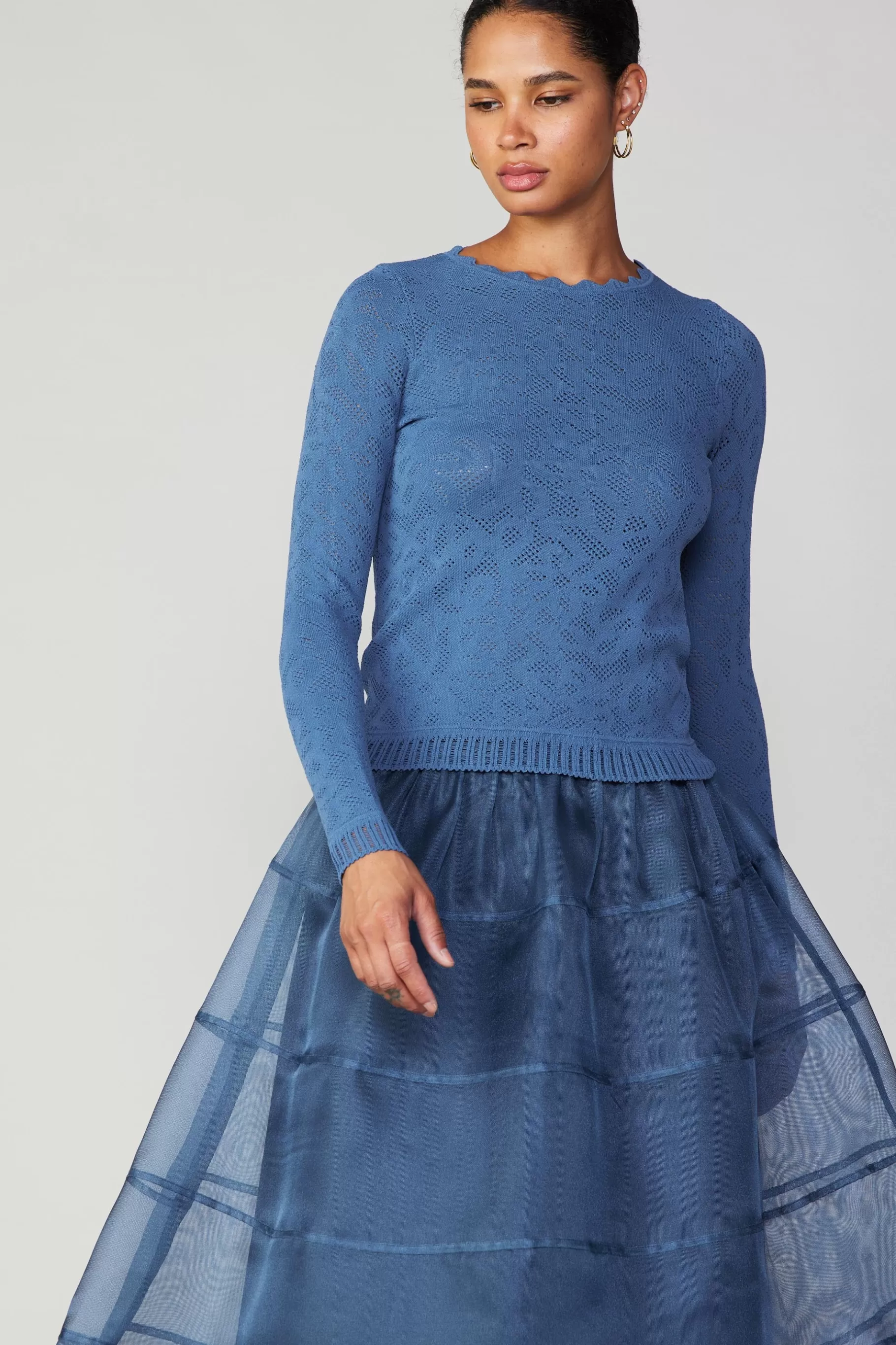Current Air Long Sleeve Tops | Sweaters>Scalloped Knit Top AEGEANBLUE