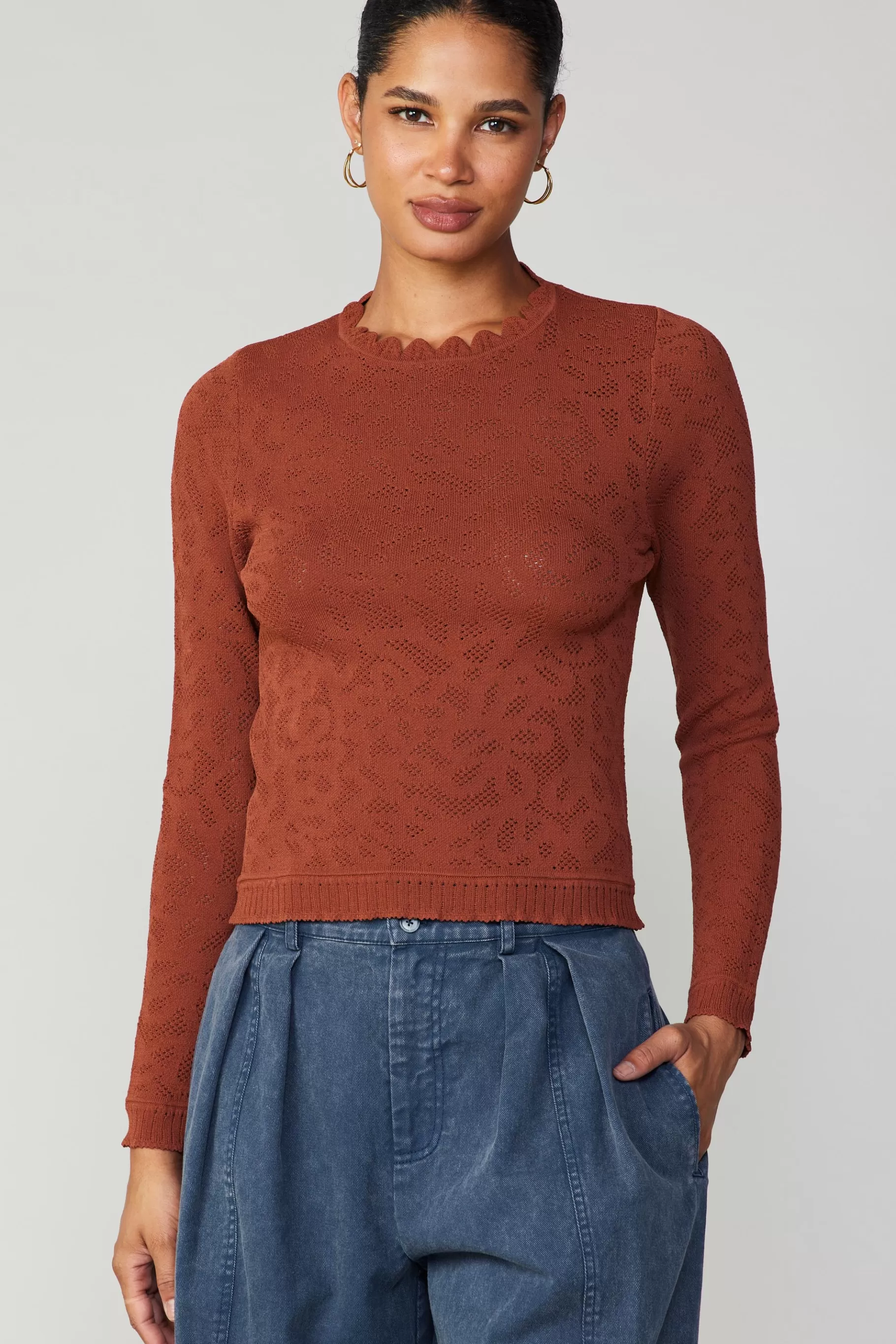 Current Air Long Sleeve Tops | Sweaters>Scalloped Knit Top RUST