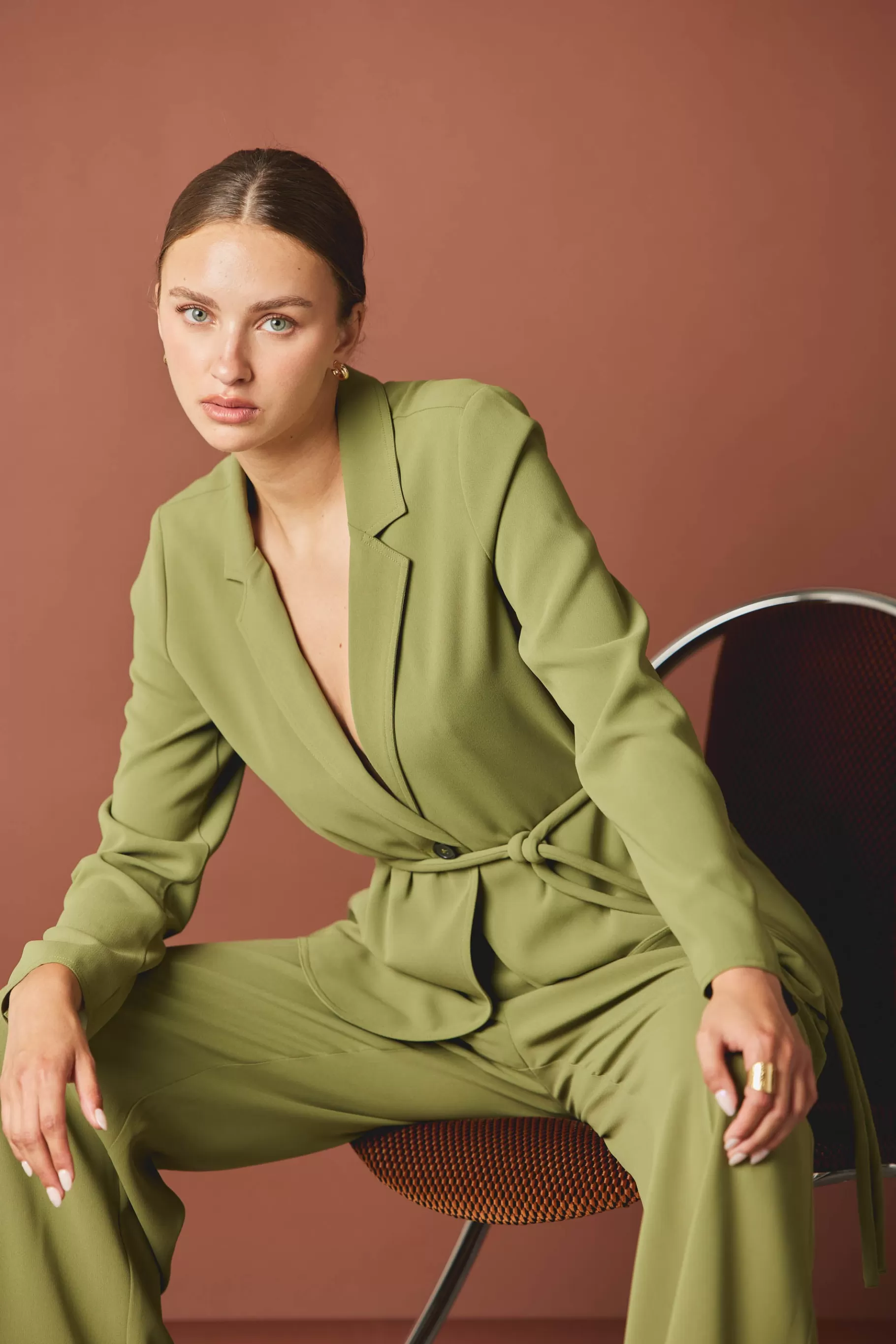 Current Air Coats & Jackets>Self Tie Blazer OLIVE