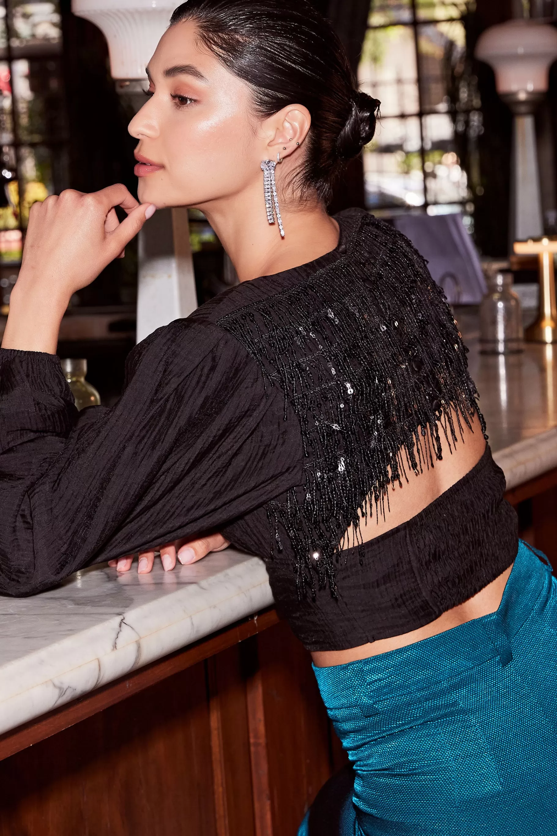 Current Air Long Sleeve Tops>Sequin Back Cutout Top BLACK