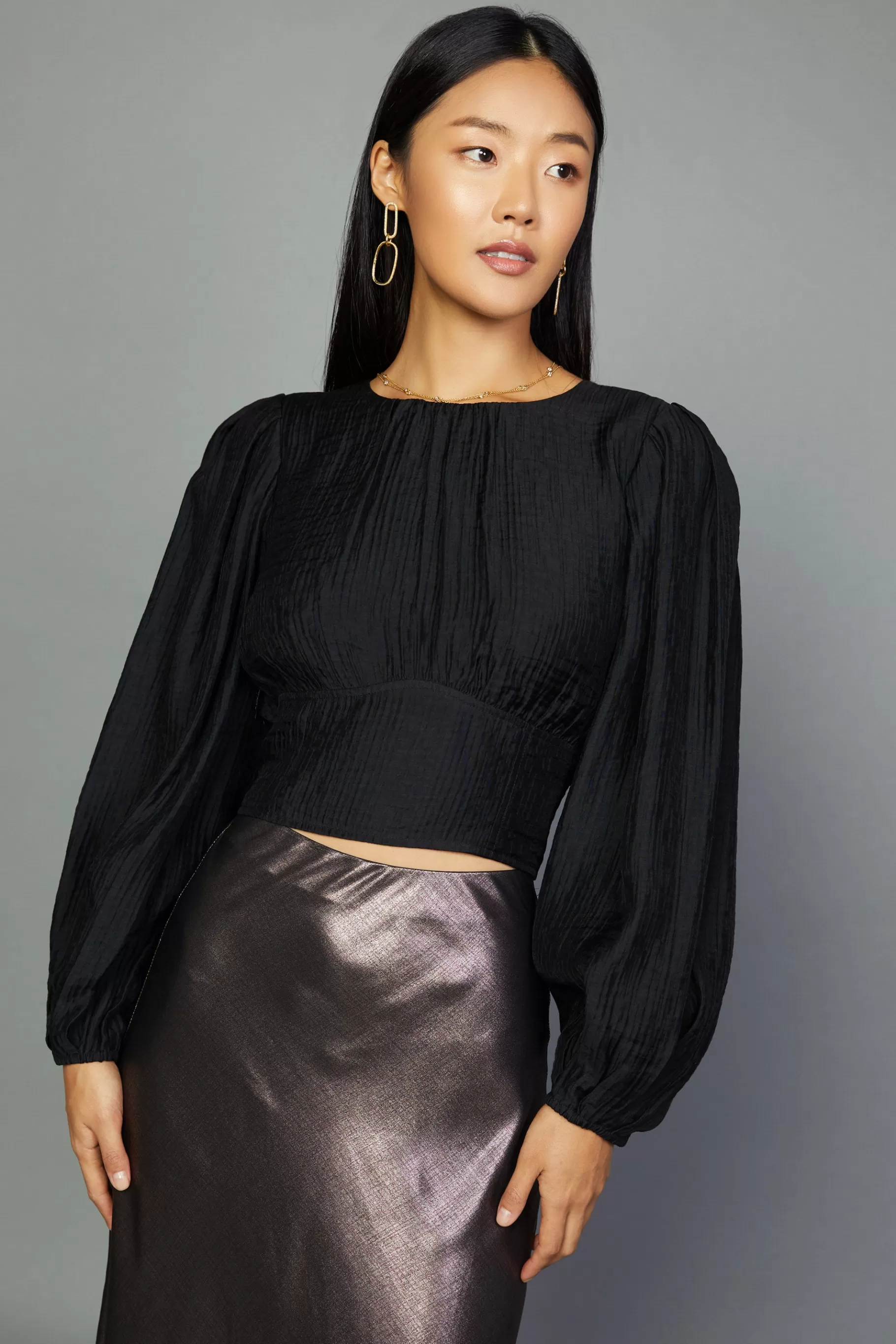 Current Air Long Sleeve Tops>Sequin Back Cutout Top BLACK