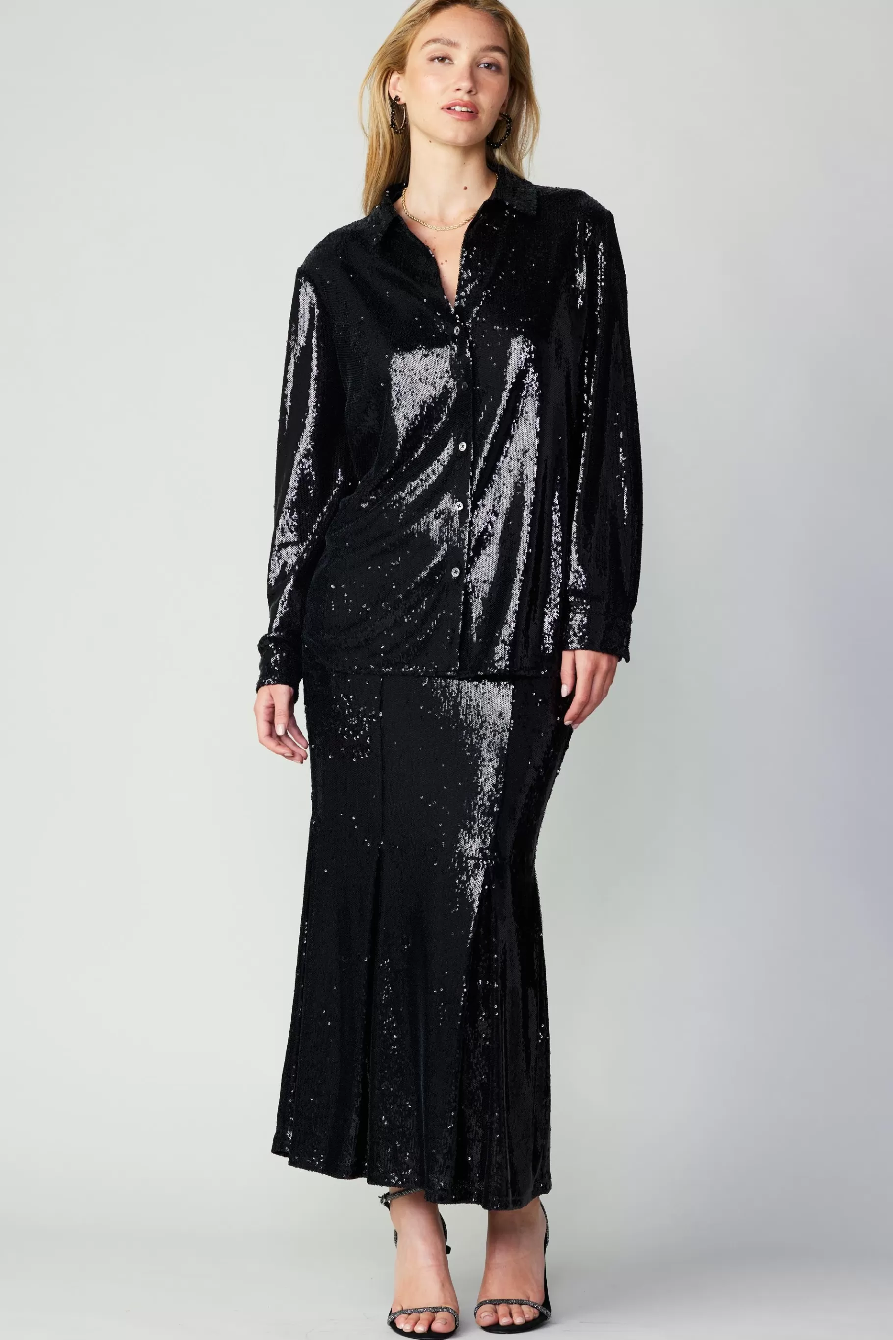 Current Air Long Sleeve Tops>Sequin Buttonup Shirt BLACK