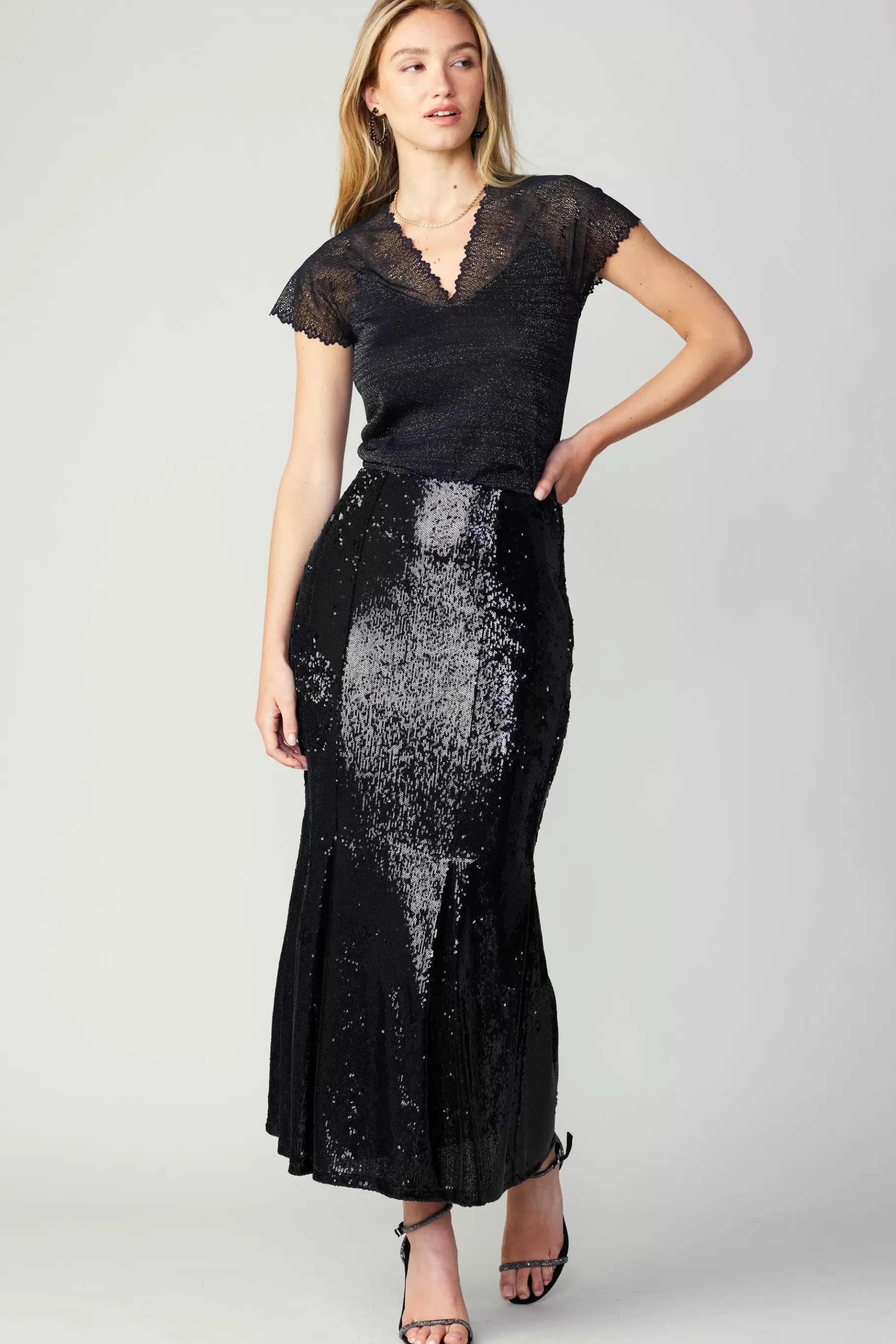 Current Air Skirts>Sequin Flared Skirt BLACK