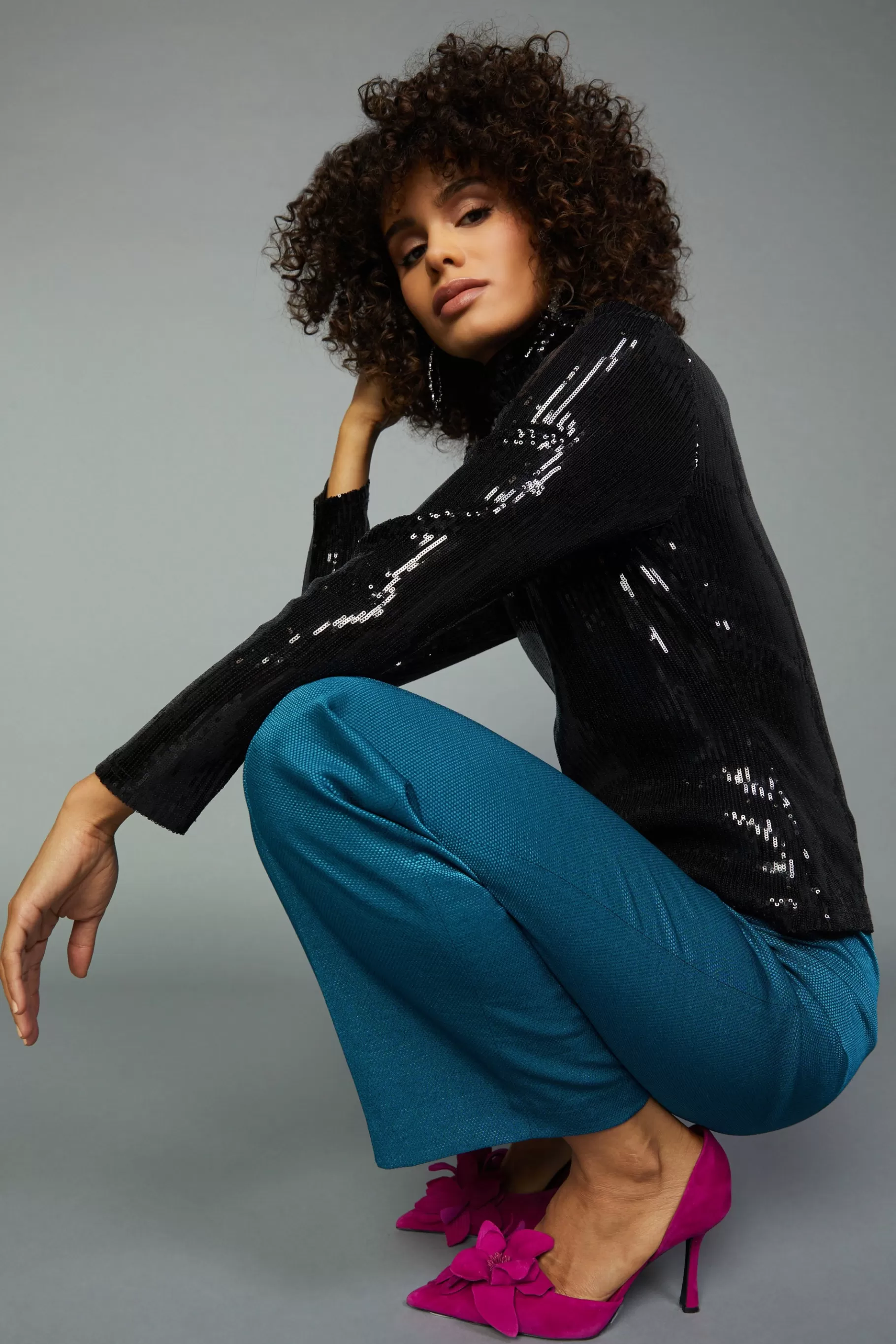 Current Air Long Sleeve Tops>Sequin Turtleneck Top BLACK