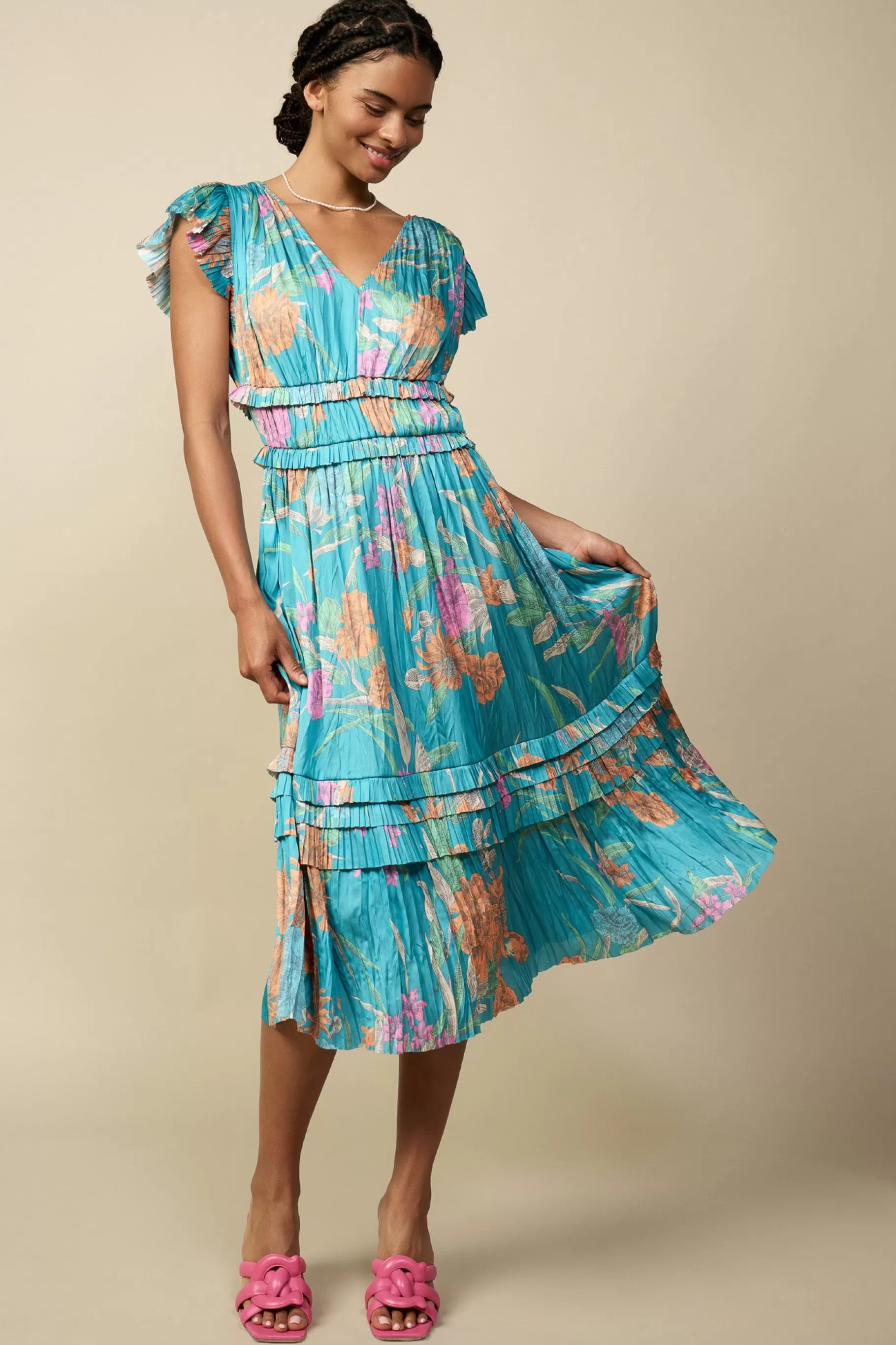Current Air Midi Dresses>Sereia Botanical Motif Midi Dress TEAL