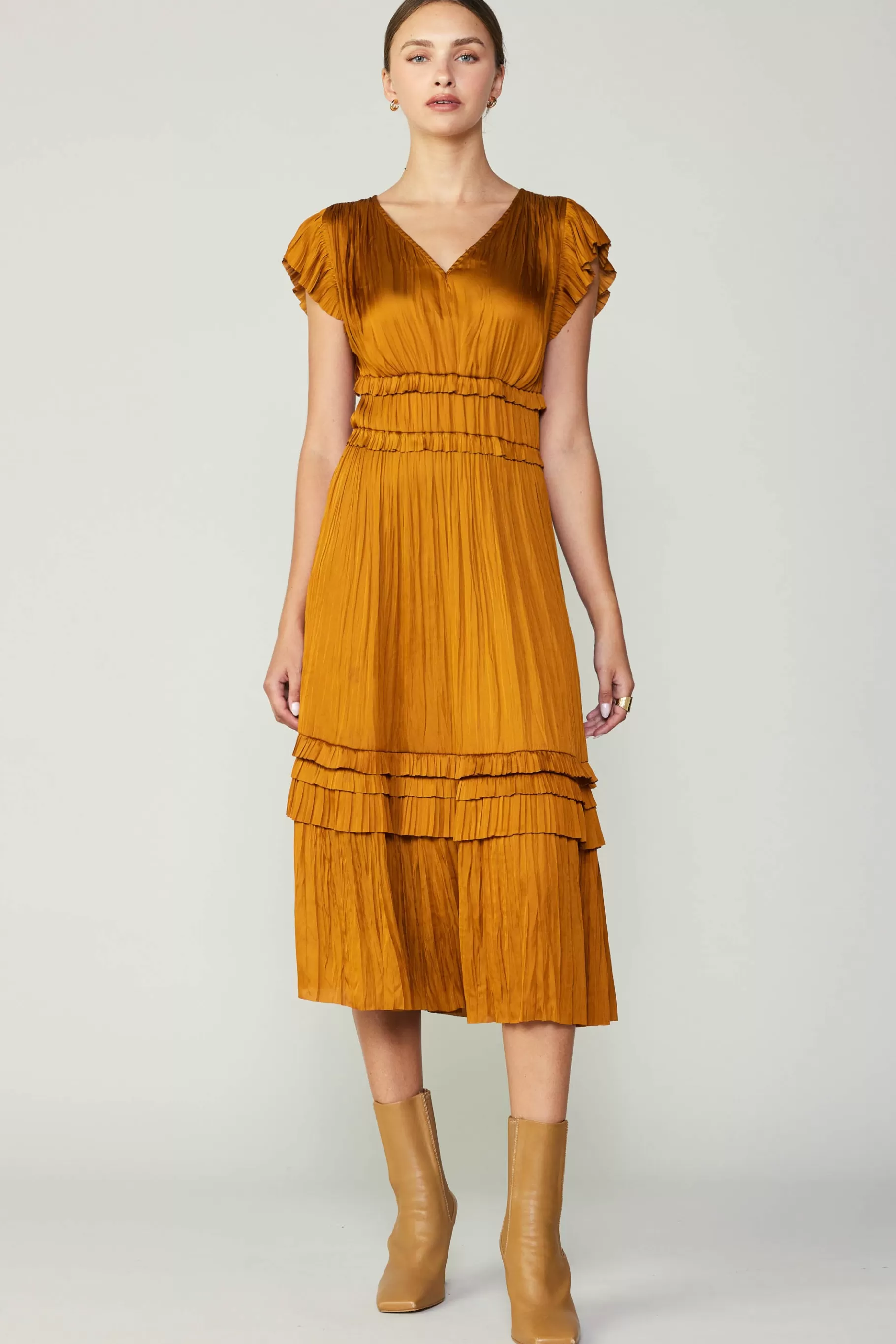 Current Air Midi Dresses>Sereia Pleated Midi Dress GOLDENROD