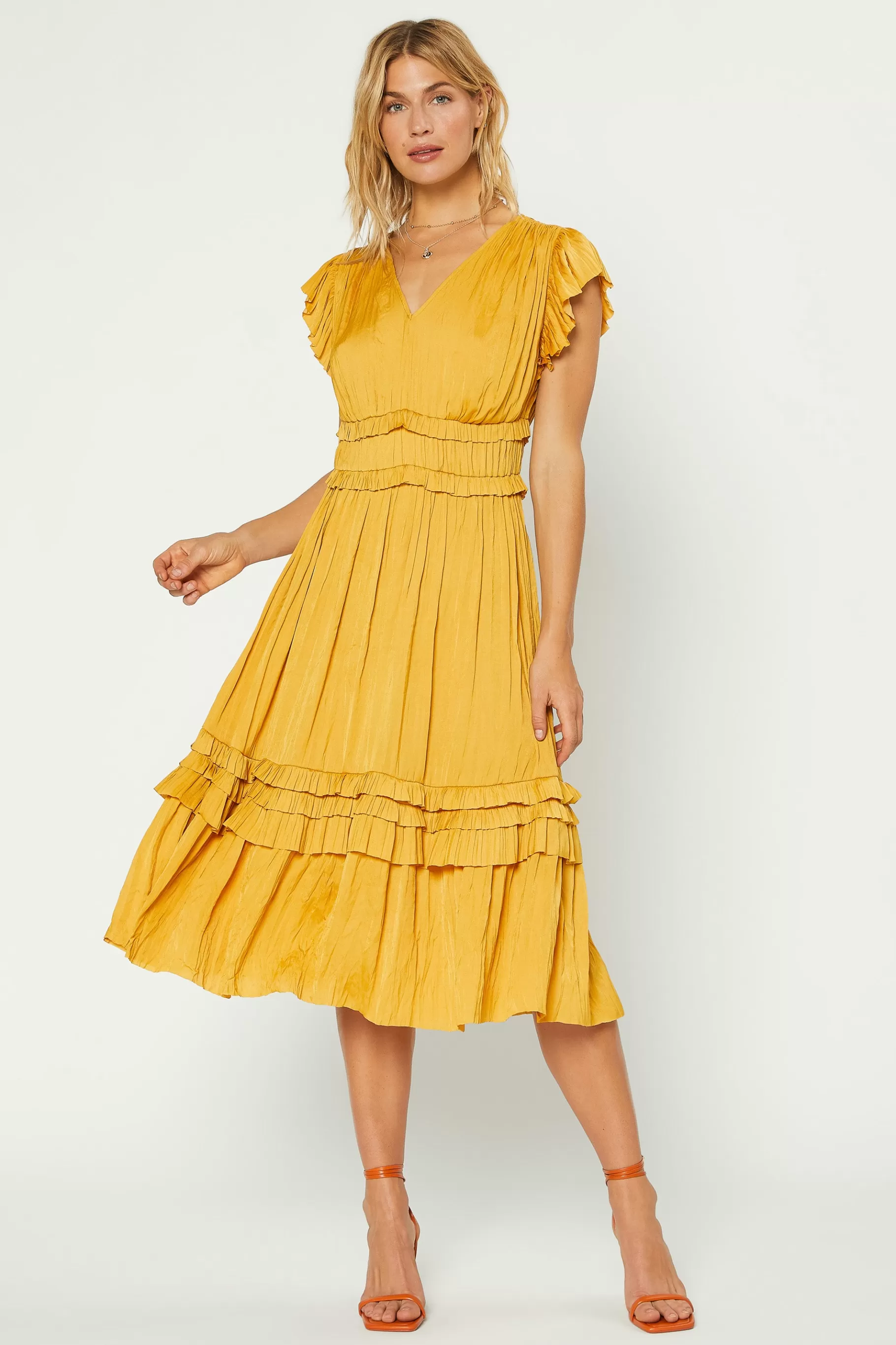 Current Air Midi Dresses>Sereia Pleated Midi Dress MARIGOLD