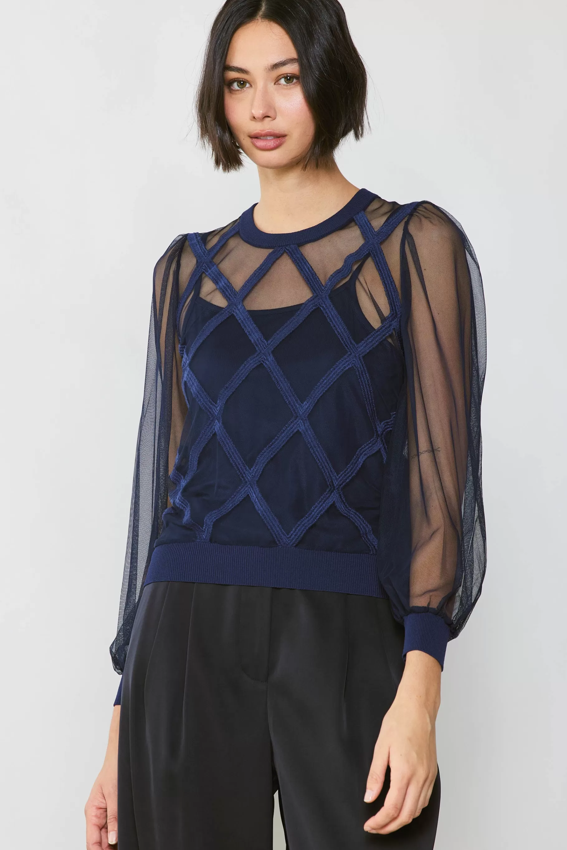 Current Air Long Sleeve Tops | Sweaters>Sheer Crosshatch Cami-lined Top NAVY