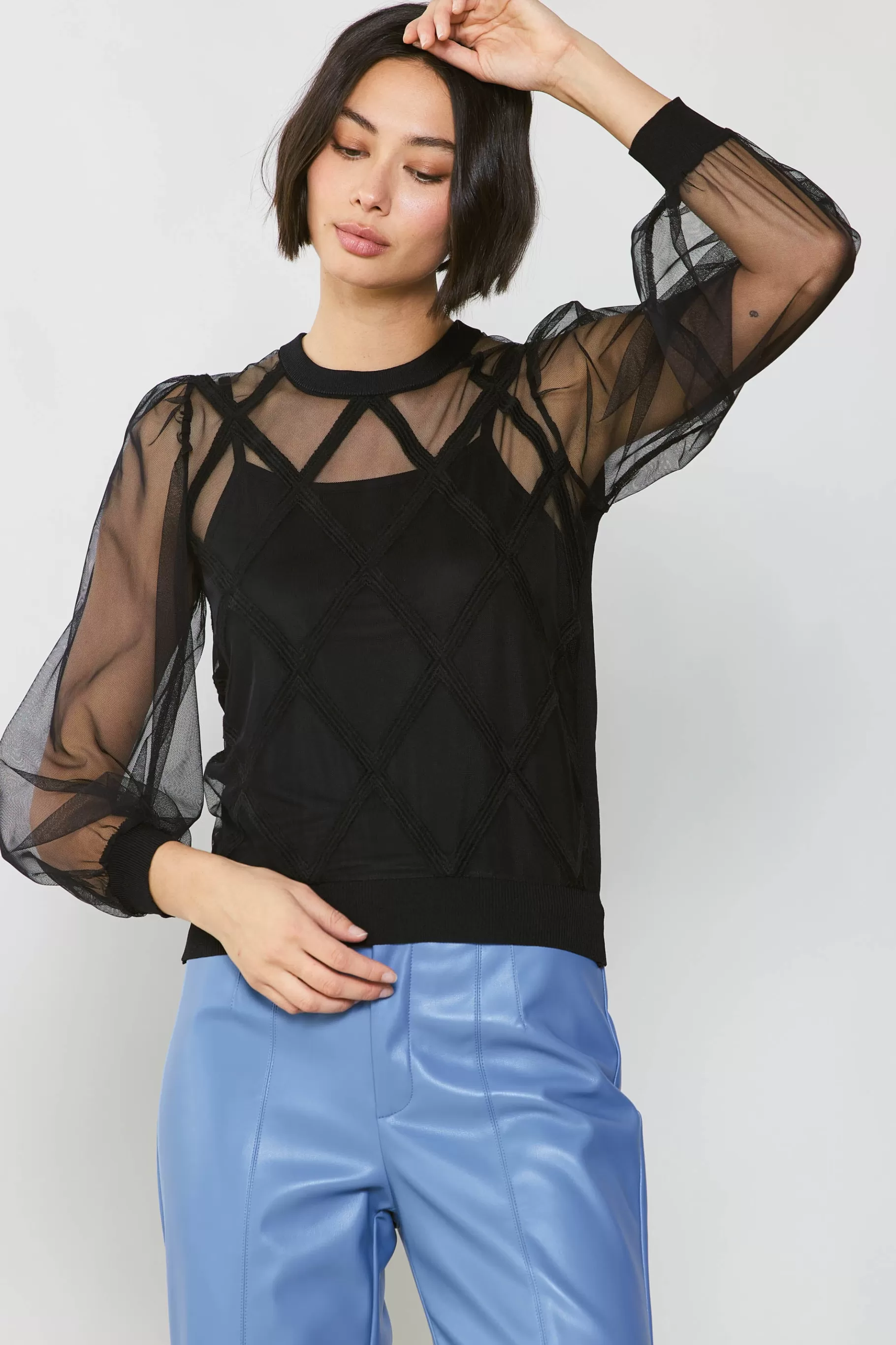 Current Air Long Sleeve Tops | Sweaters>Sheer Crosshatch Cami-lined Top BLACK