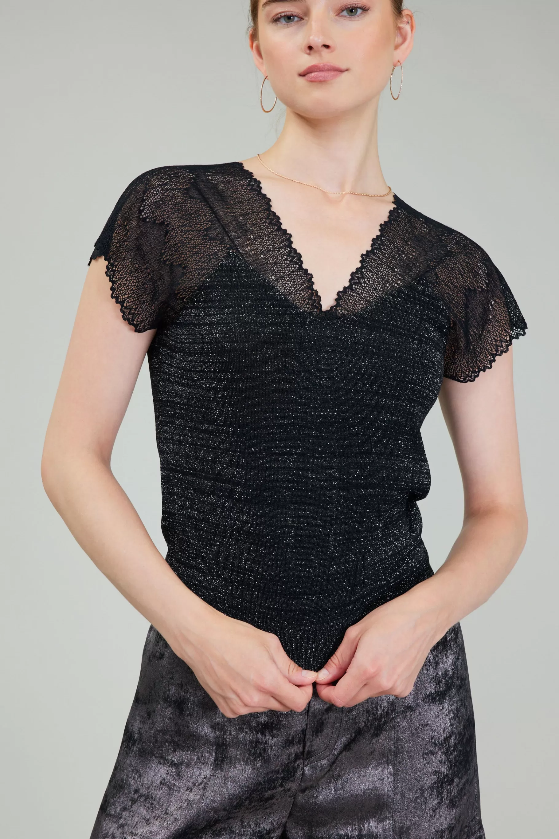 Current Air Knitwear | Sweaters>Shimmer Lace Top BLACKSILVER