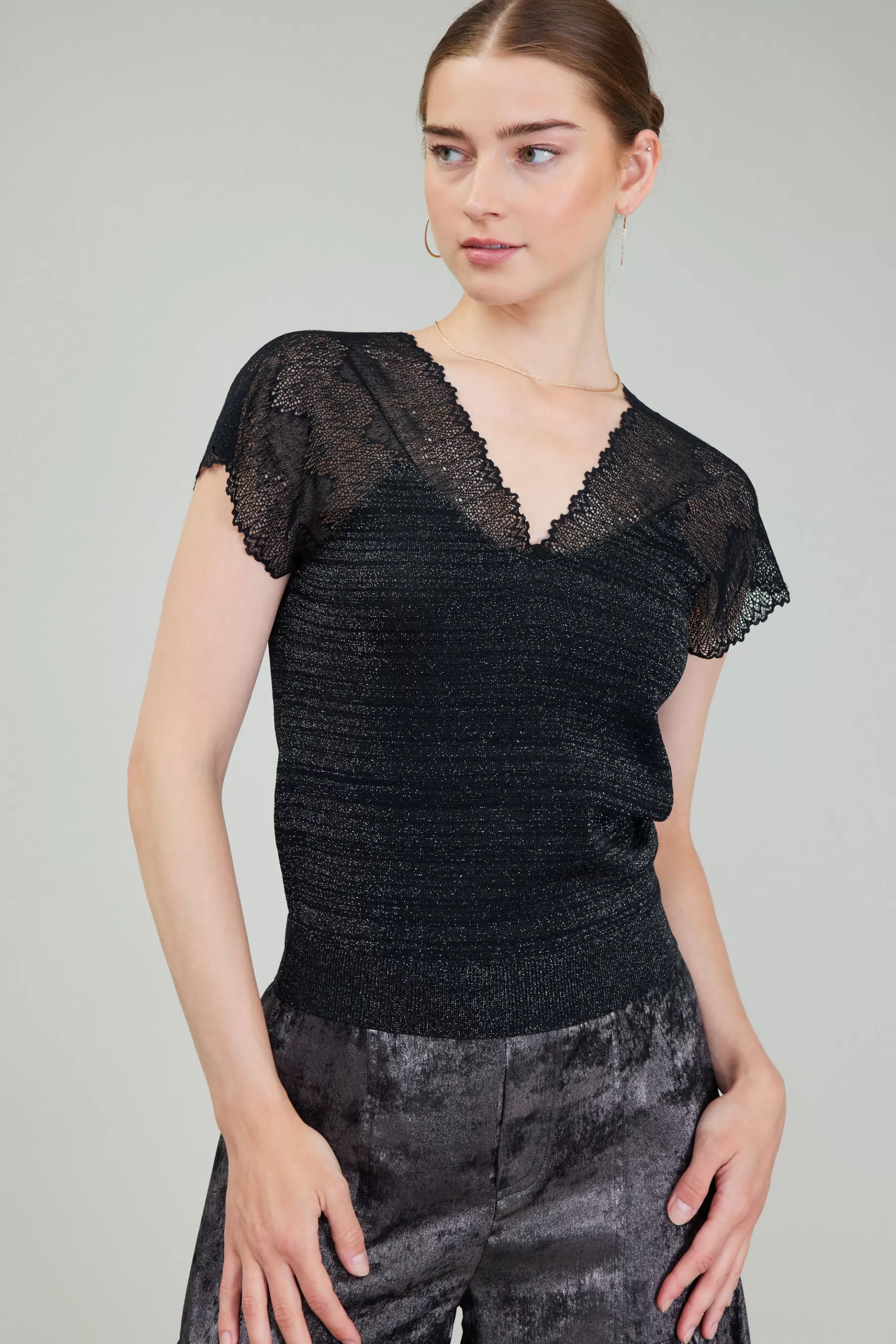 Current Air Knitwear | Sweaters>Shimmer Lace Top BLACKSILVER