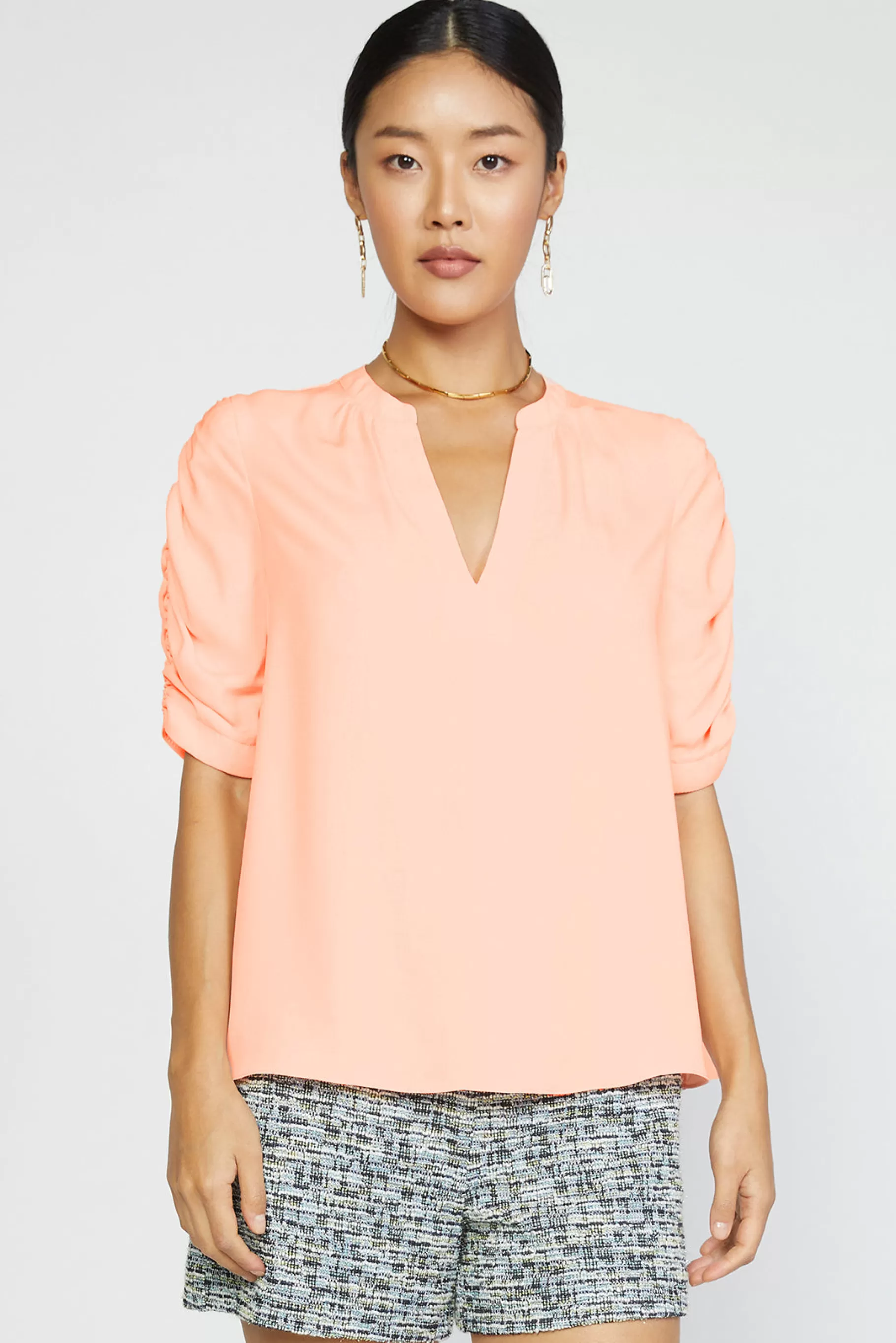Current Air Short Sleeve Tops>Shirred Sleeve Blouse NEONPEACH