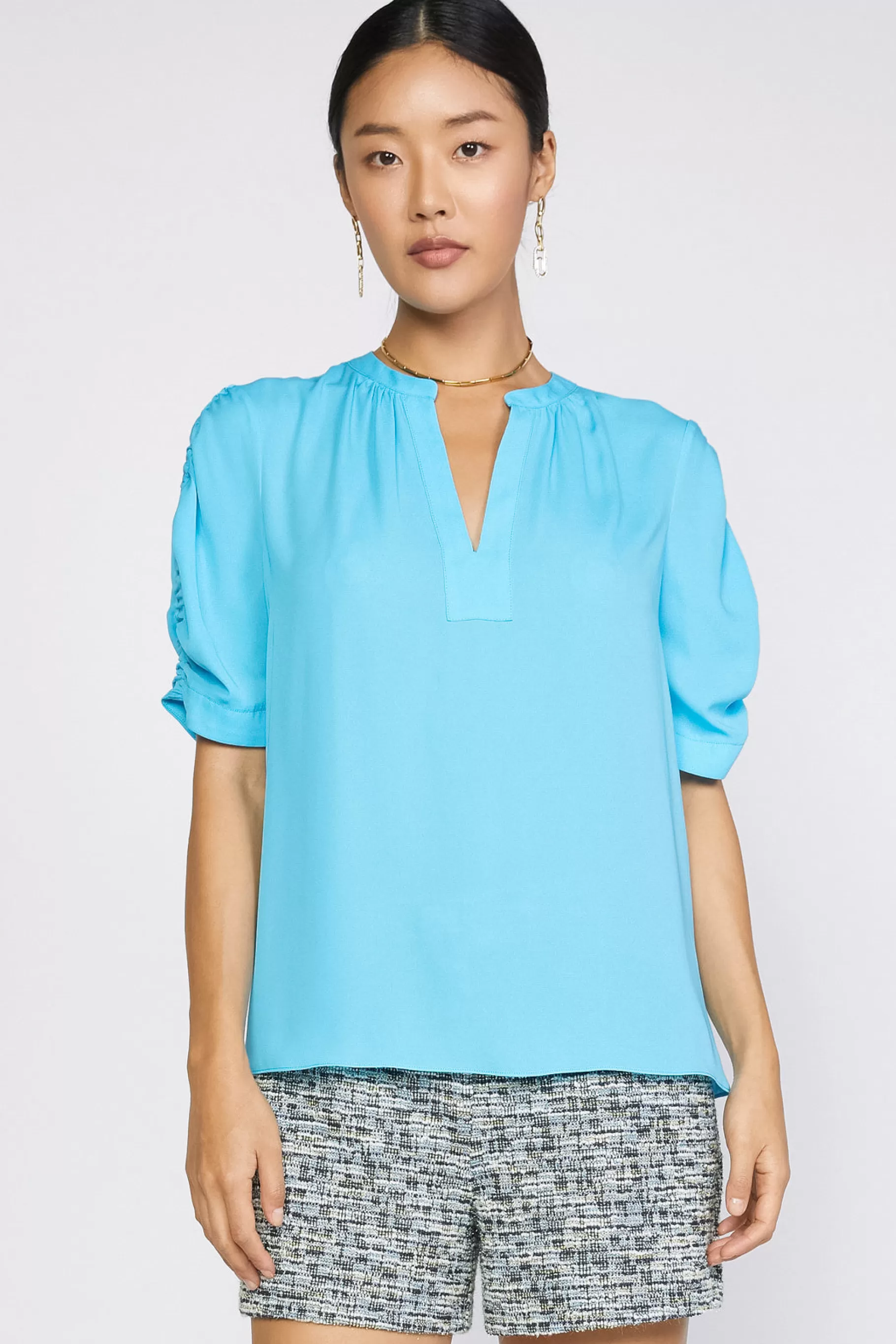 Current Air Short Sleeve Tops>Shirred Sleeve Blouse NEONBLUE