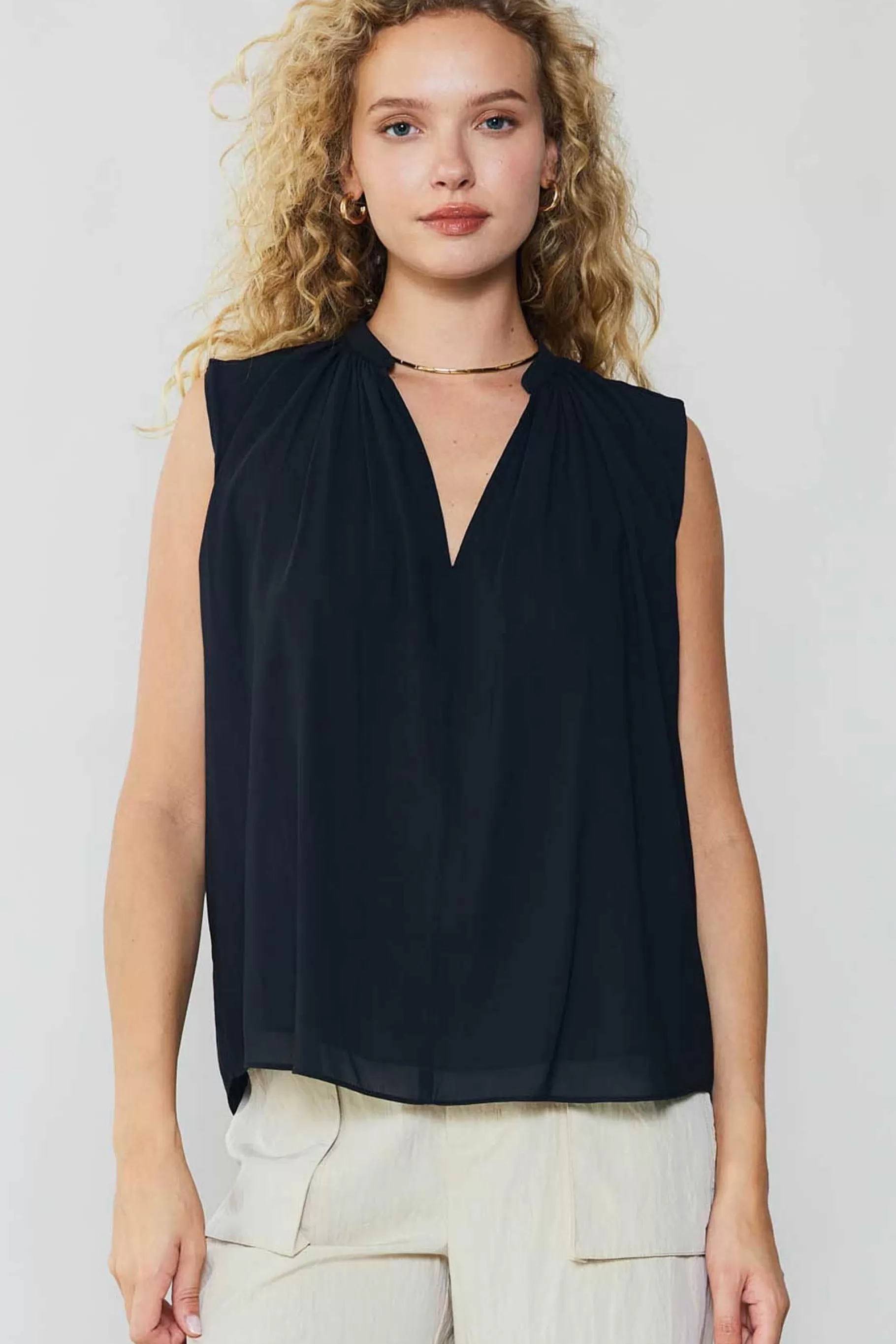 Current Air Sleeveless Tops>Shirred Sleeveless Top BLACK
