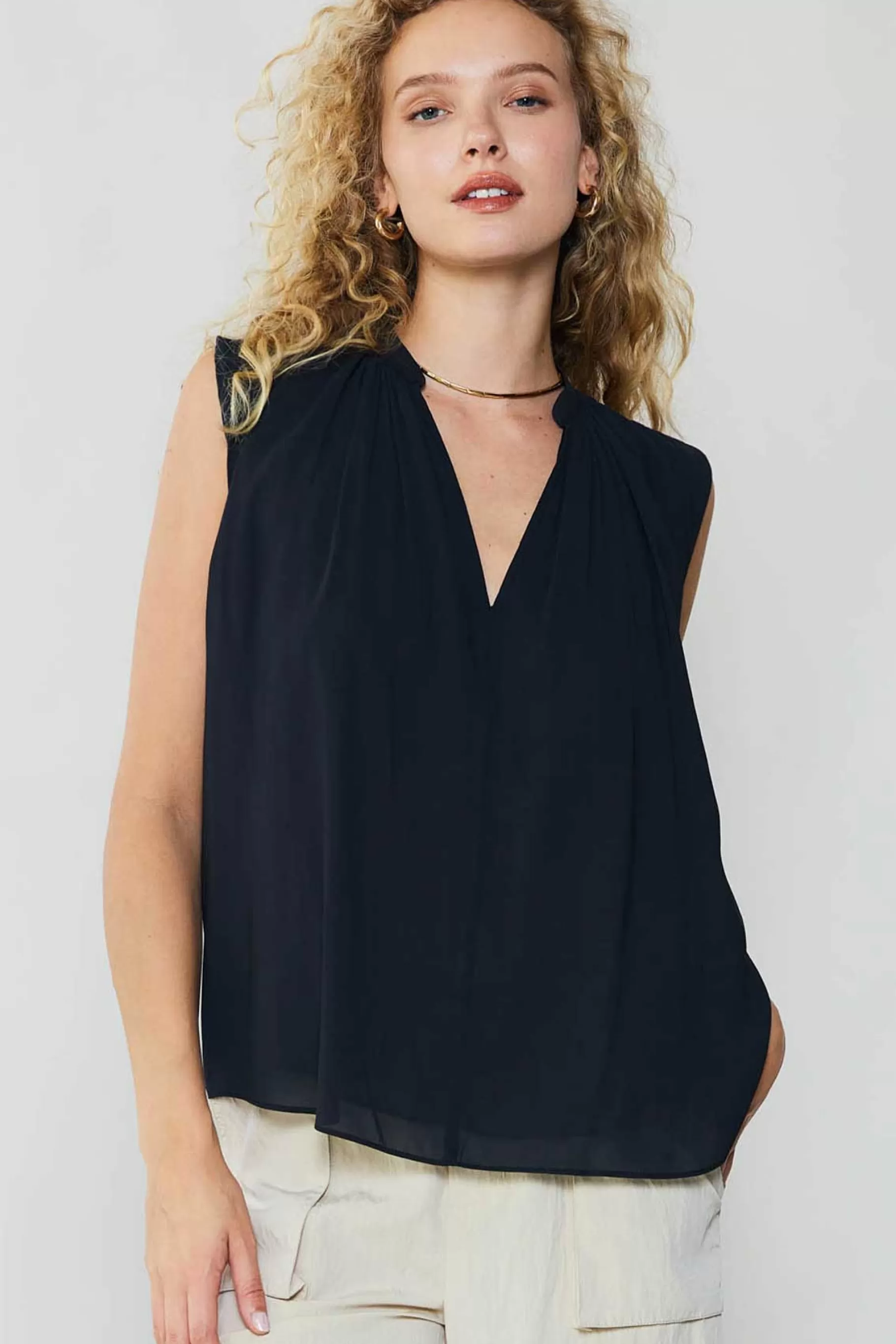 Current Air Sleeveless Tops>Shirred Sleeveless Top BLACK